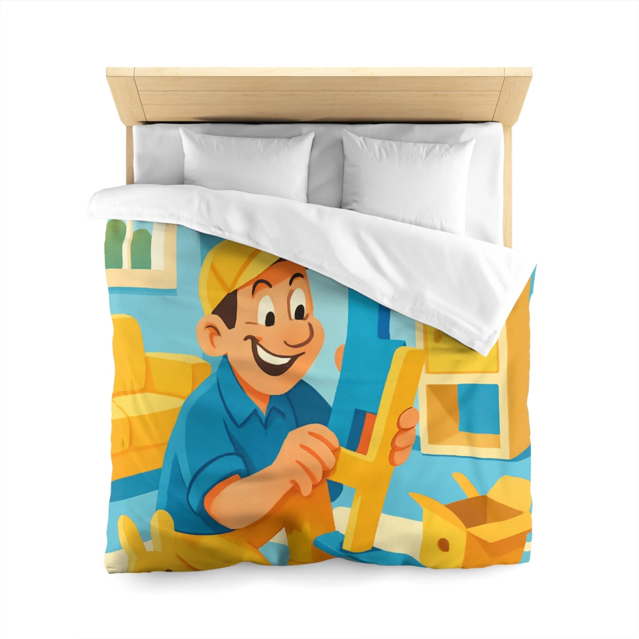Housse de couette colorée avec personnage joyeux assemblant des jouets dans une pièce ensoleillée