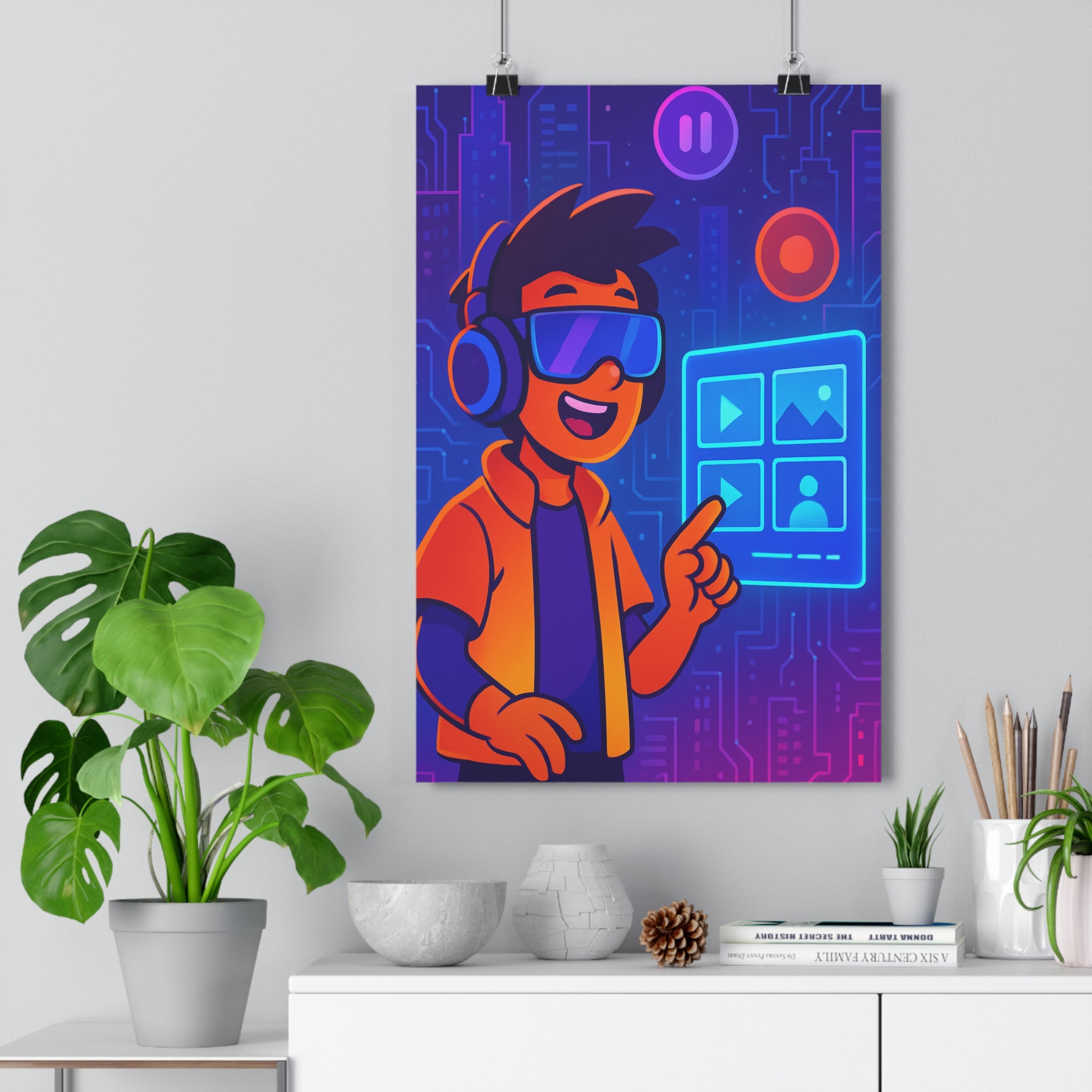 Poster décoratif espace virtuel bleu violet orange futuriste moderne salon chambre design animé qualité