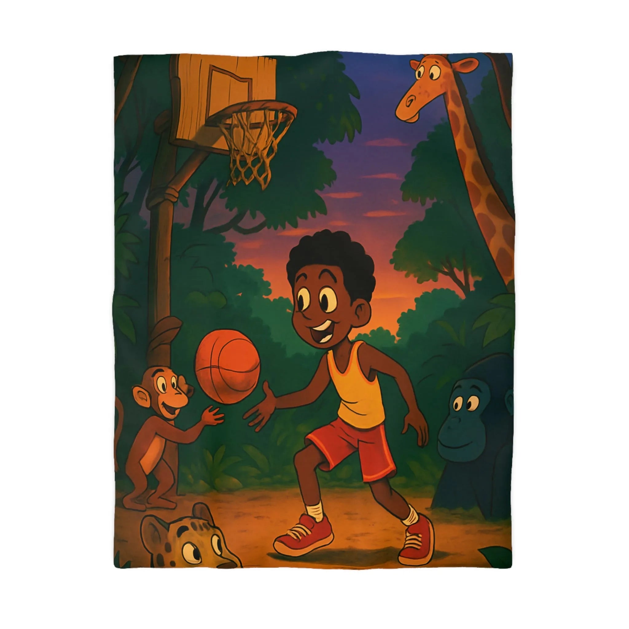 Housse de couette enfant jungle colorée avec garçon jouant au basket et animaux amusants