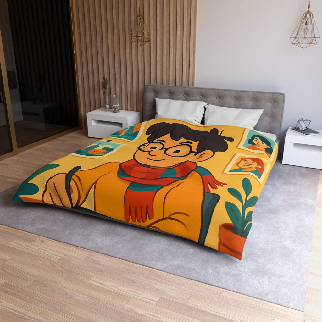 Housse de couette moderne avec illustrations colorées d'artiste travaillant dans un studio créatif