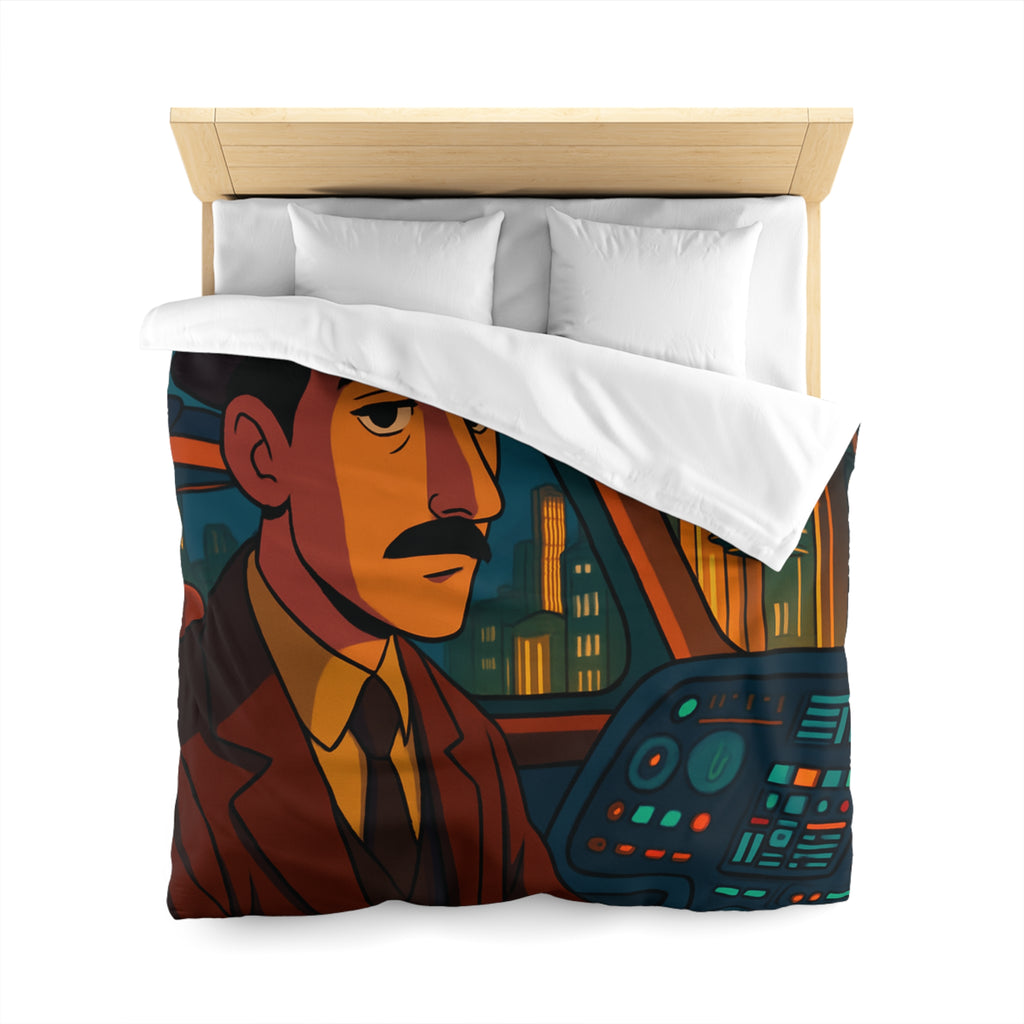 Housse de couette rétro-futuriste avec illustration de ville et pilote dans vaisseau