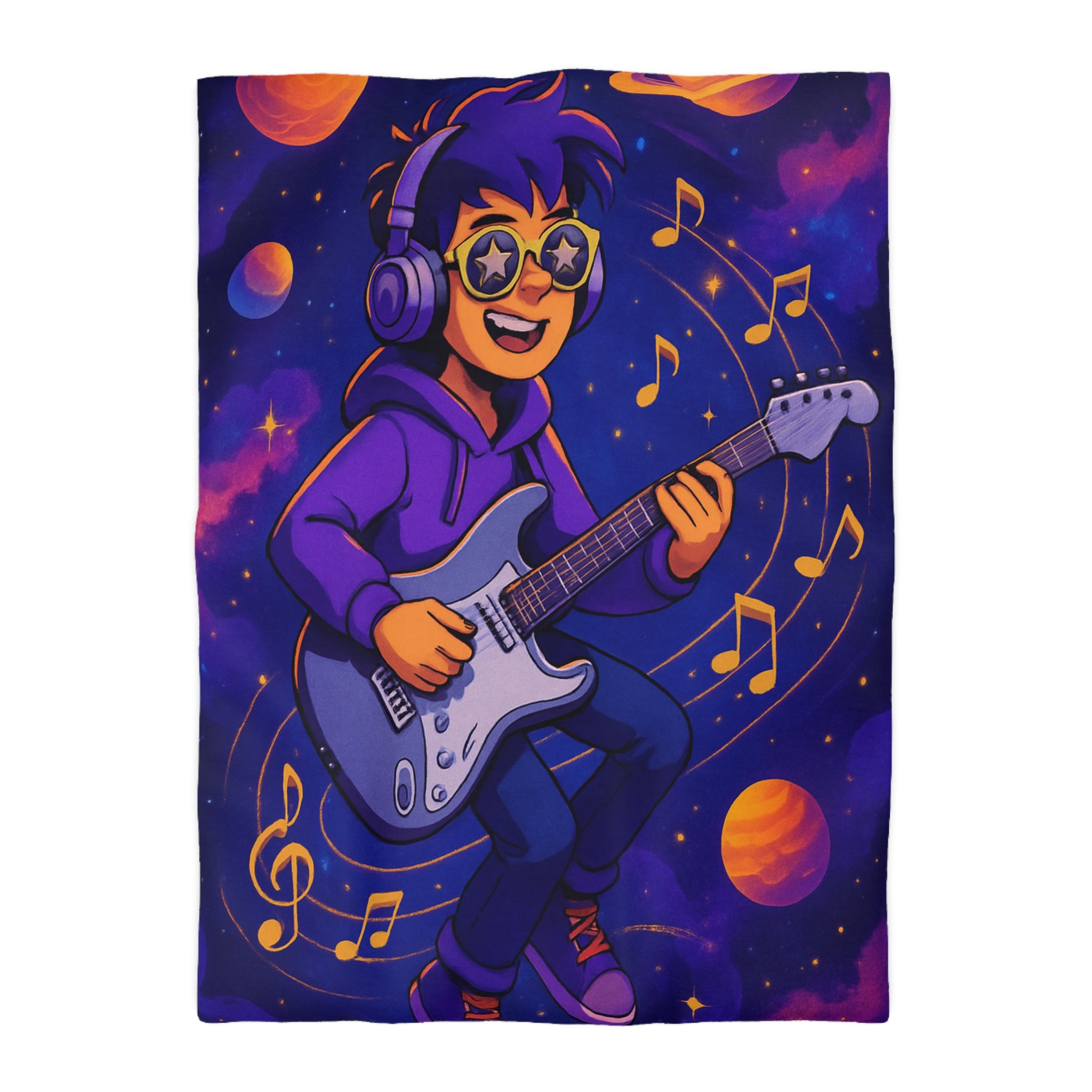 Housse de couette musicale avec planète, guitare et ciel cosmique coloré, ambiance rêveuse