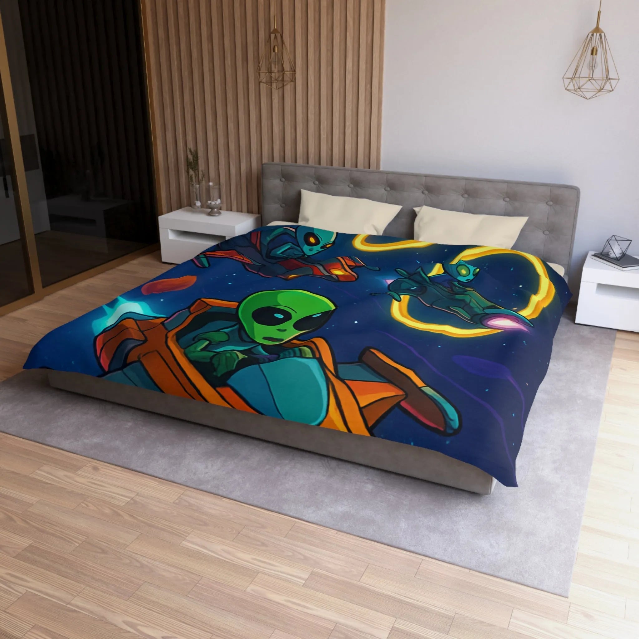 Housse de Couette avec Motifs d'Aliens en Course Spatiale et Anneaux Lumineux