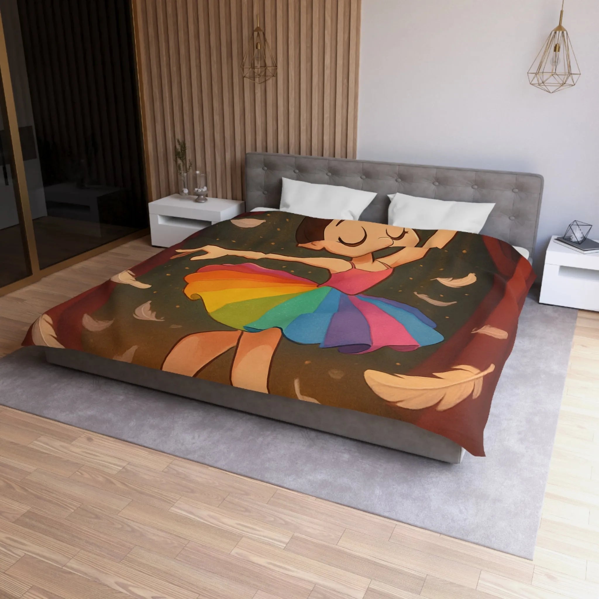 Housse de couette enfant ballerine arc-en-ciel danse plumes féériques pour chambre magique