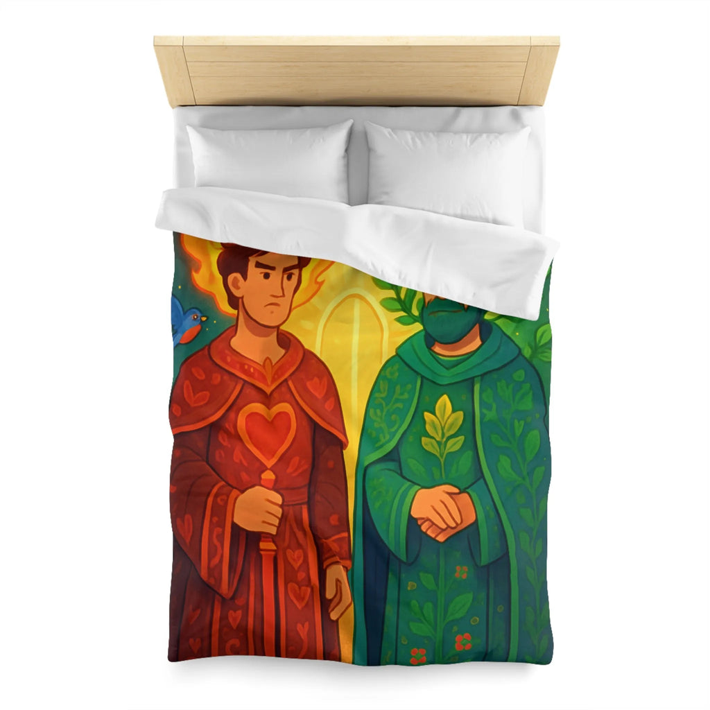 Housse de Couette Colorée avec Illustration Médiévale de Personnages Mystiques et Oiseaux Enchantés