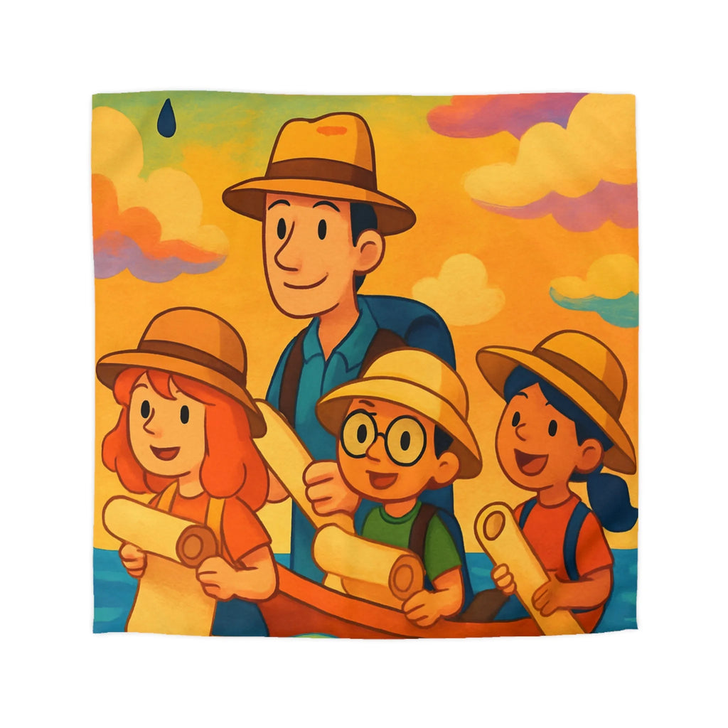 Housse de couette artistique avec aventure colorée en famille sur fond vibrantly ensoleillé