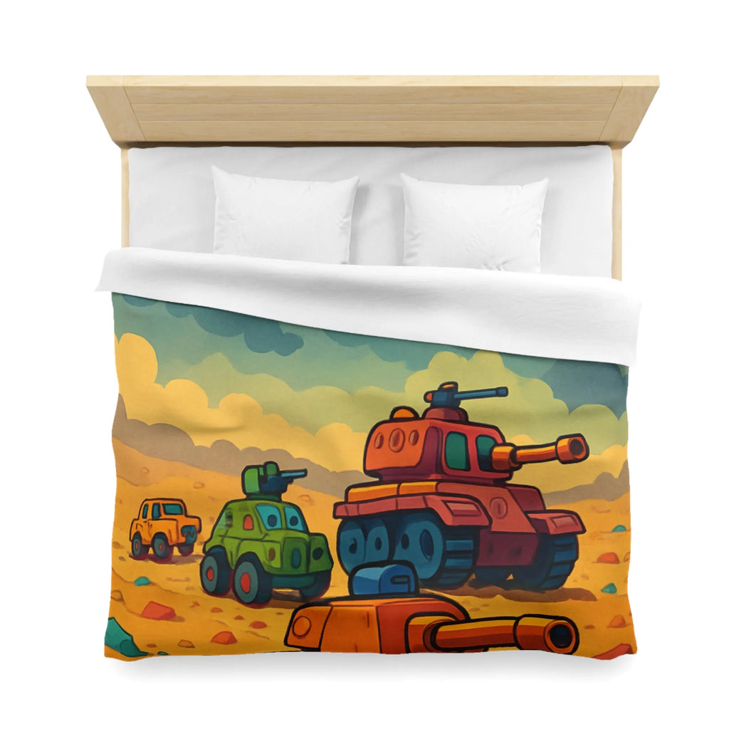 Housse de couette avec tanks colorés sur fond orageux pour chambre enfant unique