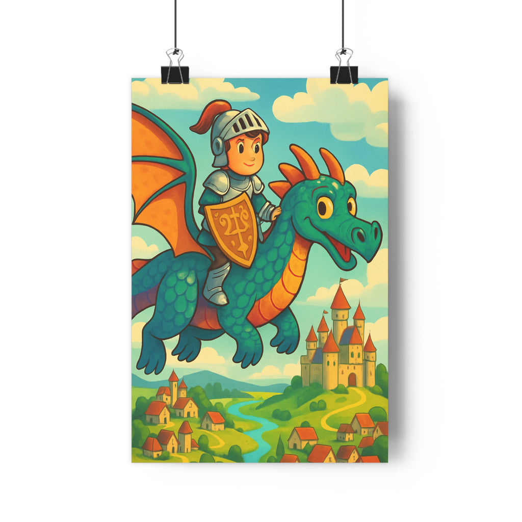 Poster décoratif chevalier dragon vert orange château fantastique magique enfant chambre cartoon joyeux aventure