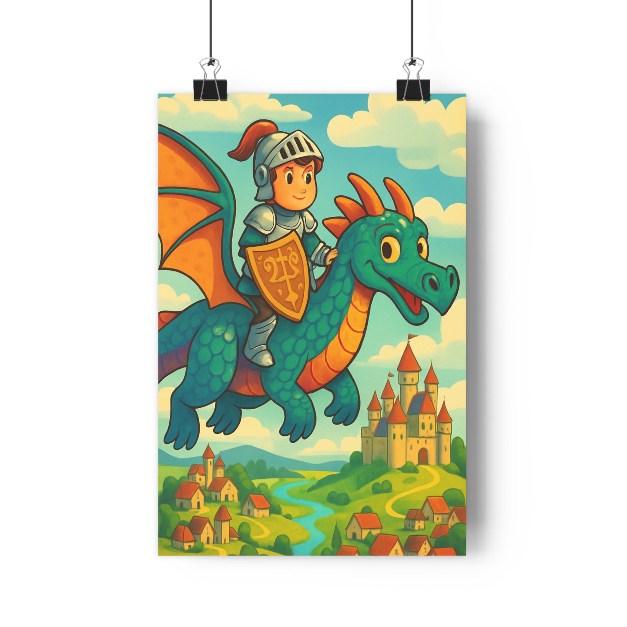 Poster décoratif chevalier dragon vert orange château fantastique magique enfant chambre cartoon joyeux aventure