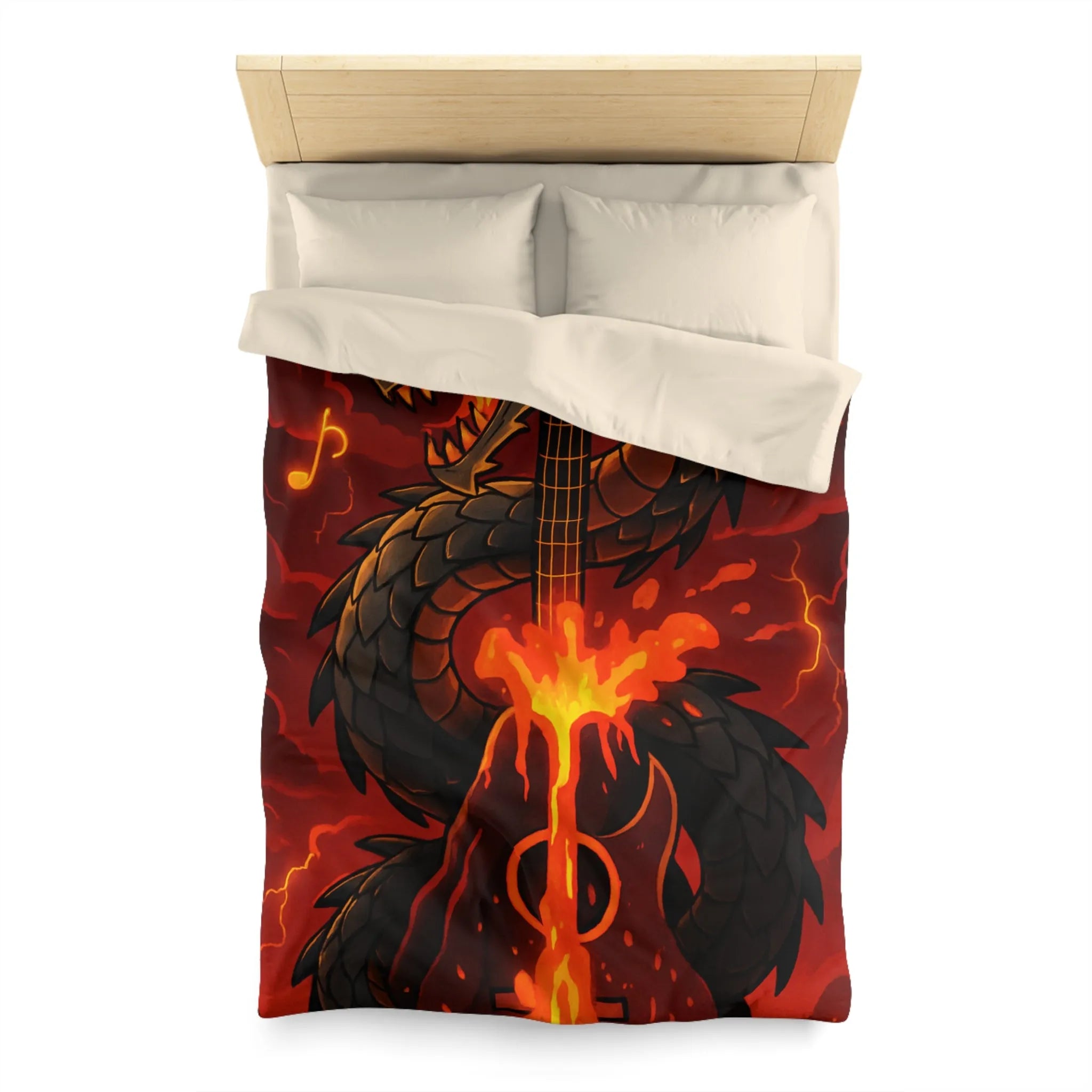 Housse de couette avec dragon noir majestueux et flammes incandescentes, ambiance épique