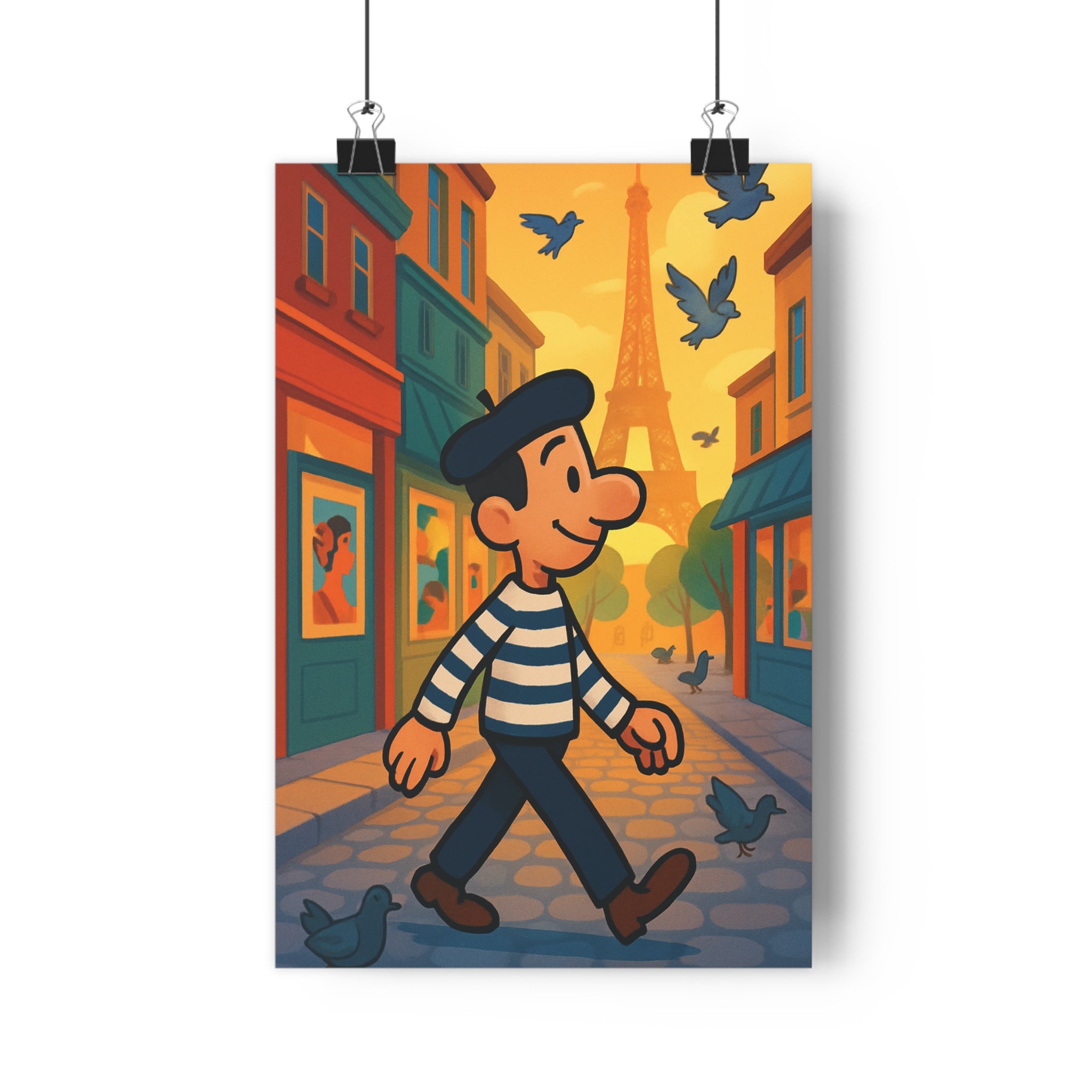 Poster décoratif parisien cartoon joyeux coloré chambre salon tour eiffel personnage pavé charme pigeons
