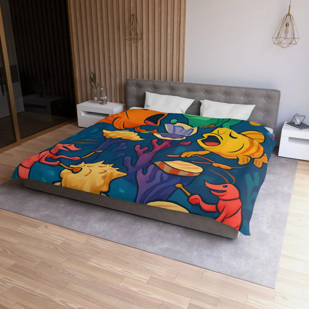 Housse de couette illustration colorée avec poissons chantants et crustacés musicaux sous l'océan