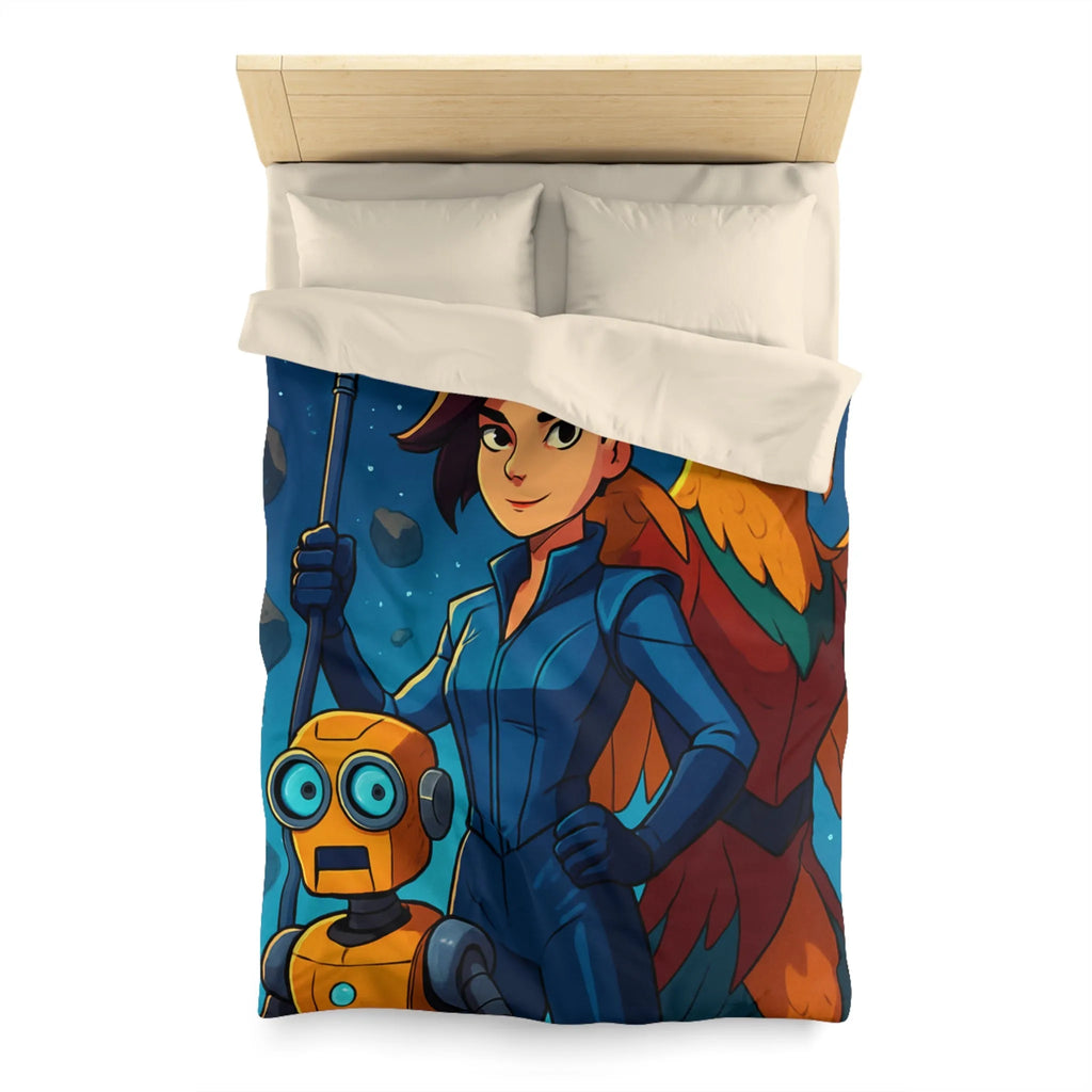 Housse de couette colorée avec exploratrice, robot et oiseau dans l'espace étoilé