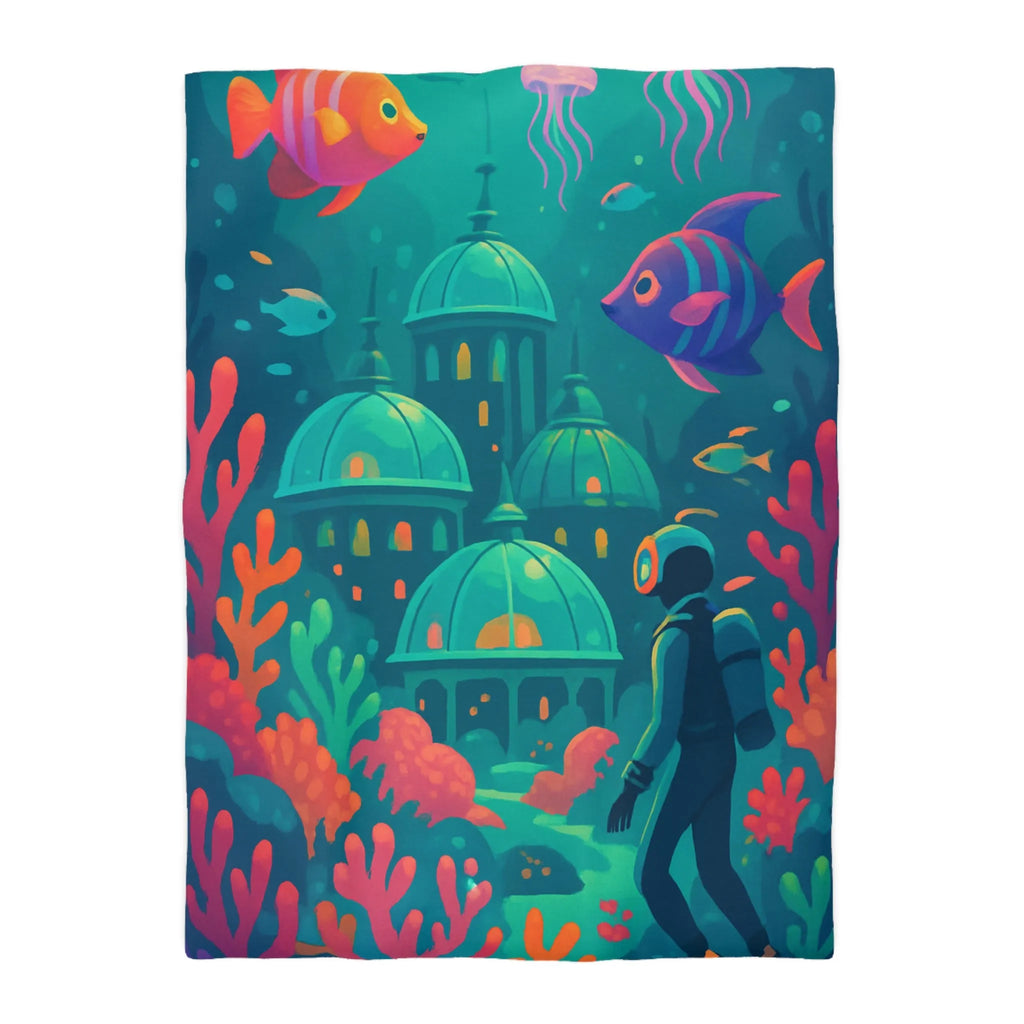 Housse de couette aux couleurs vibrantes inspirée d'une cité sous-marine avec poissons exotiques