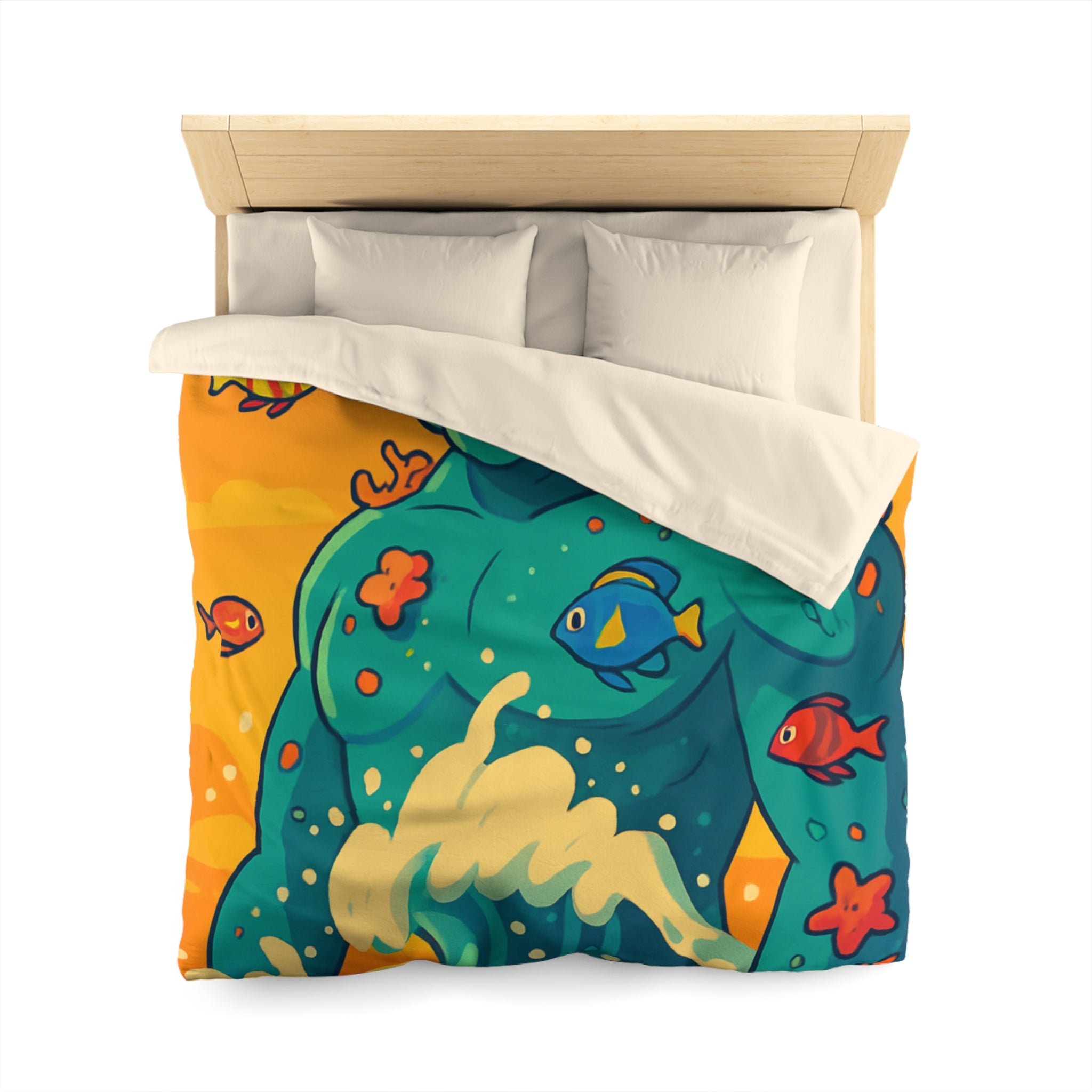 Housse de Couette Océanique avec Illustration Vibrante de Neptune et Poissons Multicolores