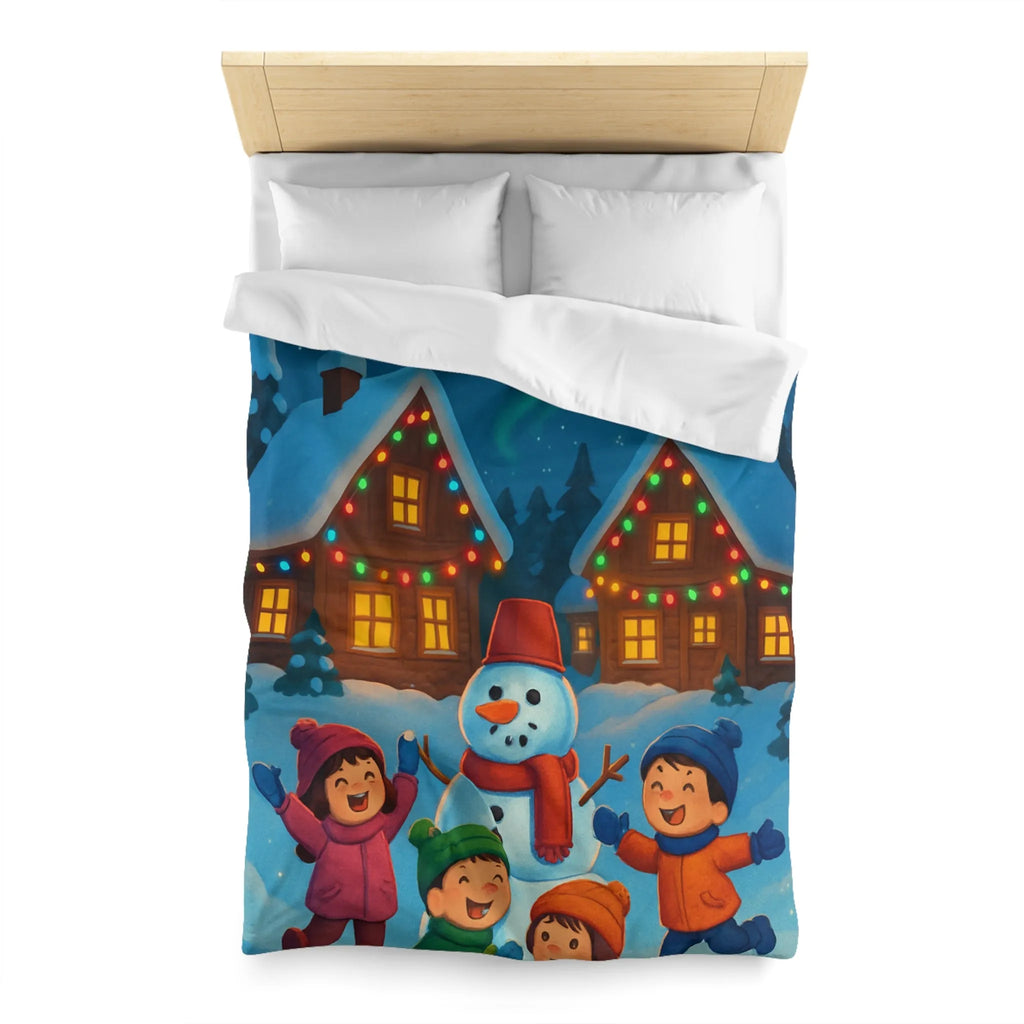 Housse de couette enfants avec design joyeux d'hiver, neige et cabanes éclairées