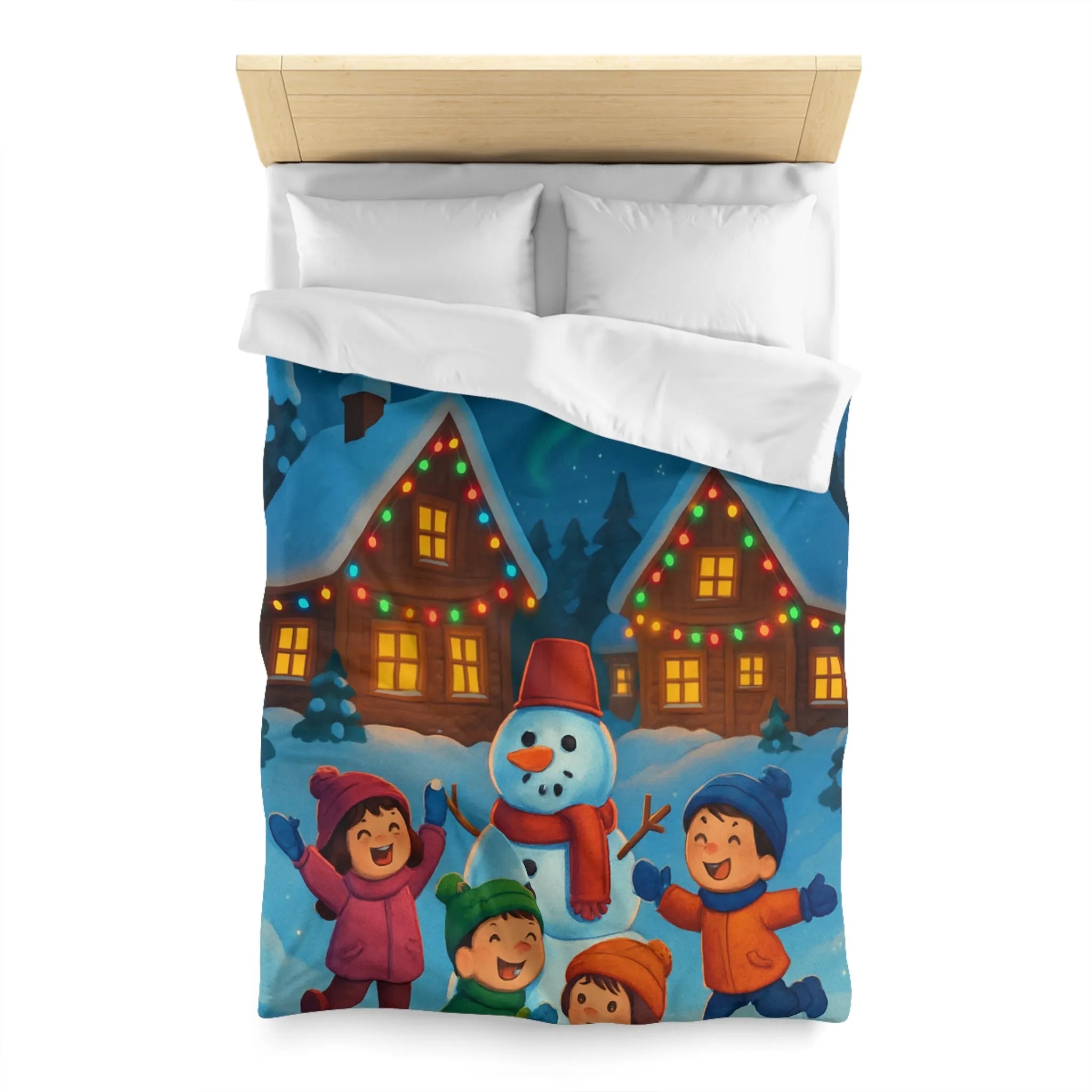 Housse de couette enfants avec design joyeux d'hiver, neige et cabanes éclairées