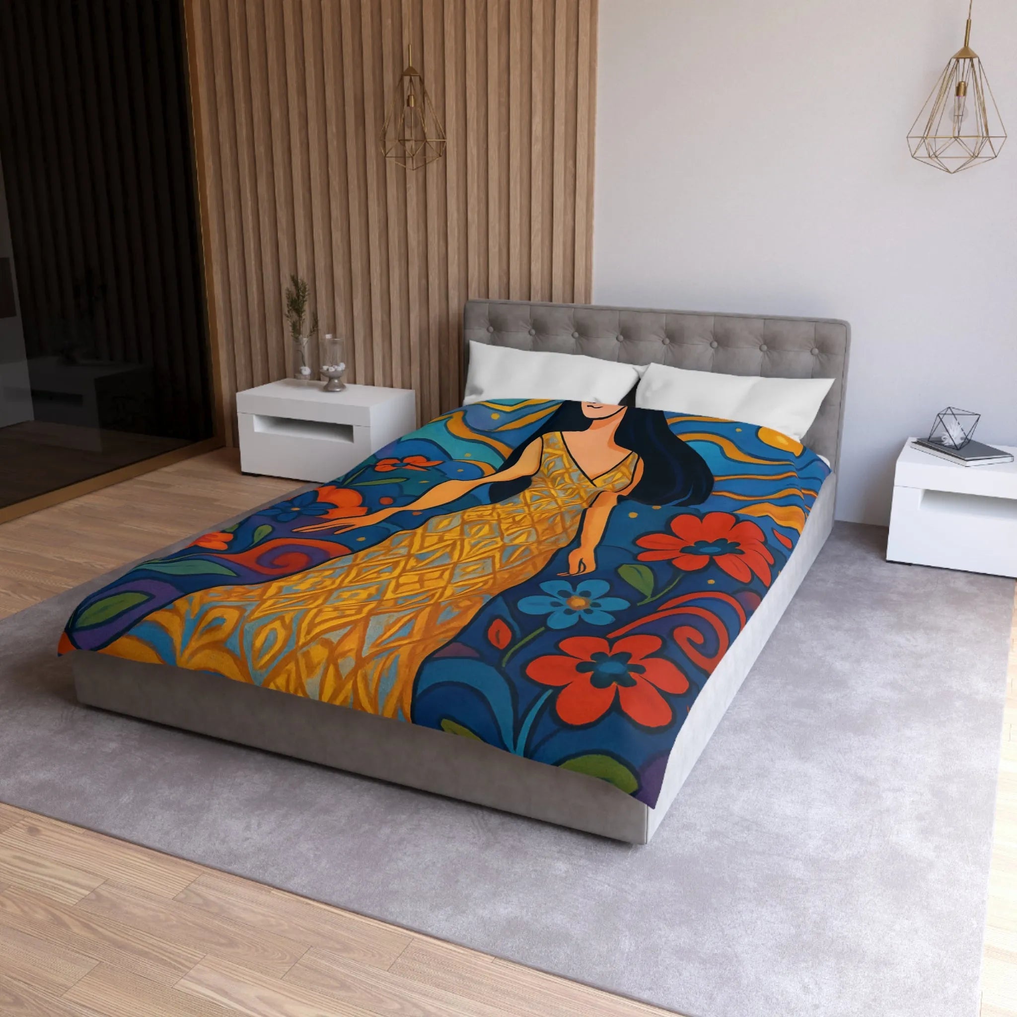 Housse de couette artistique avec motif floral vibrant et silhouette élégante féminine