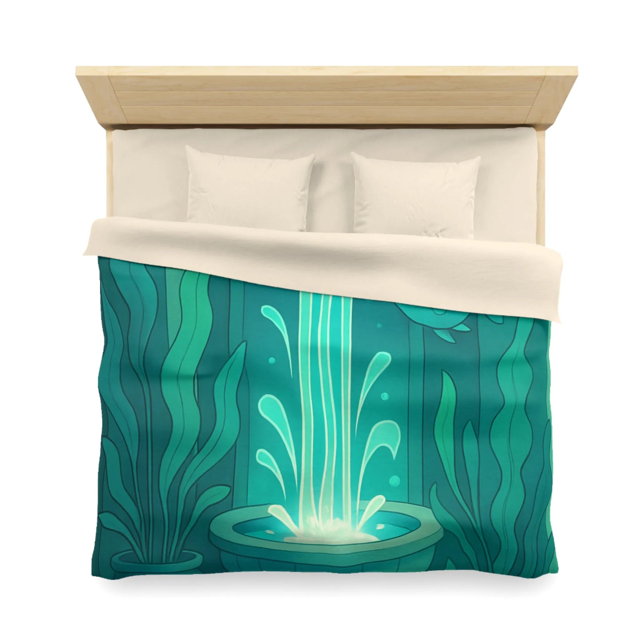 Housse de Couette Art Nouveau Illustrée Fontaine Poissons Teintes Bleues Calmes Décoration Intérieure