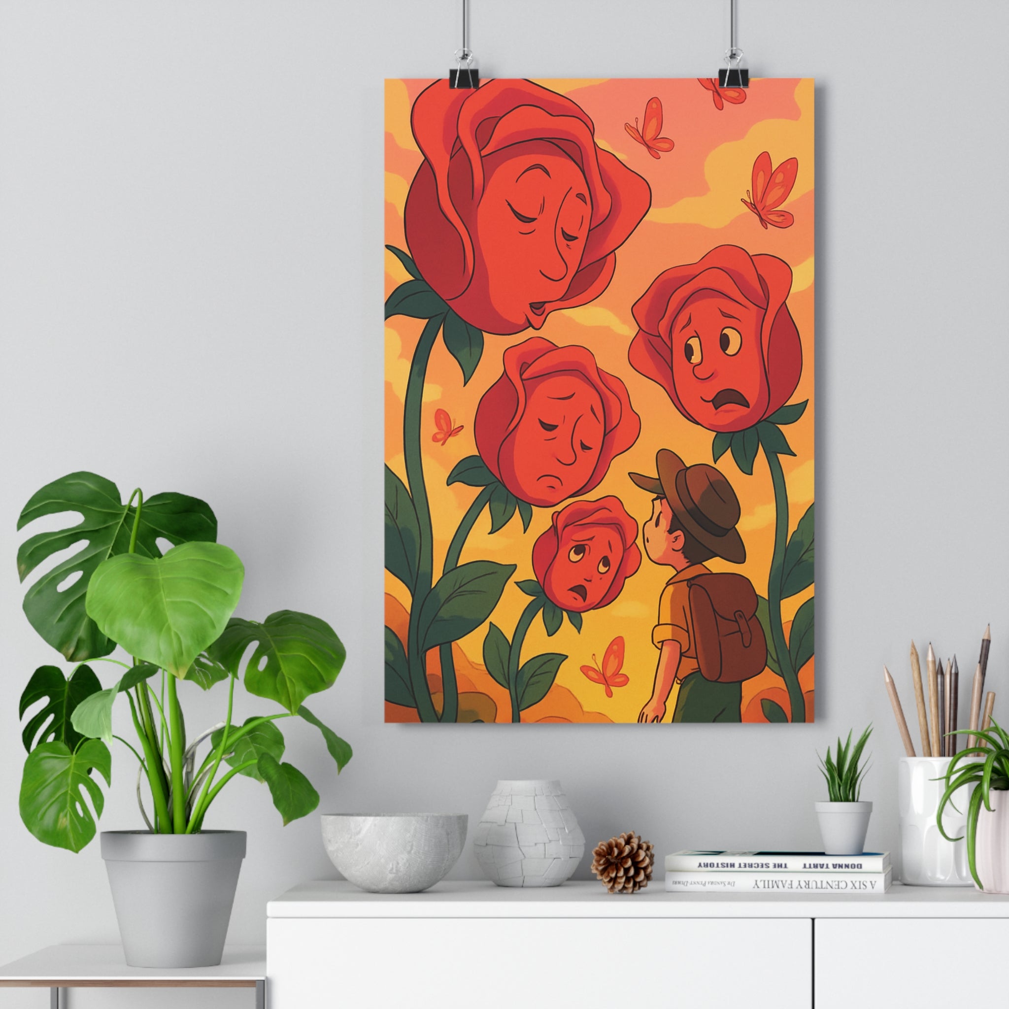 Poster décoratif surréaliste rose orange rêveur artistique poétique papillons chambre salon bureau mur qualité