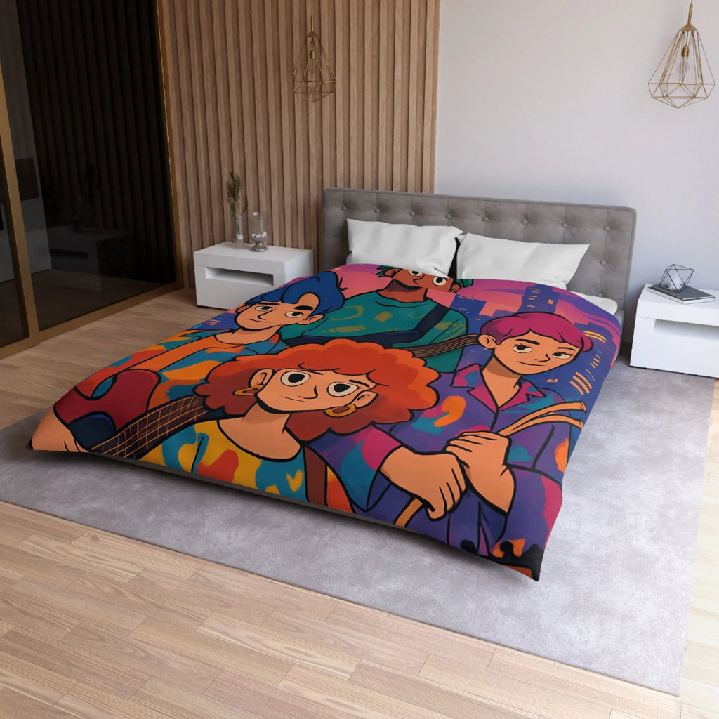 Housse de couette colorée avec groupe de musiciens devant un paysage urbain nocturne