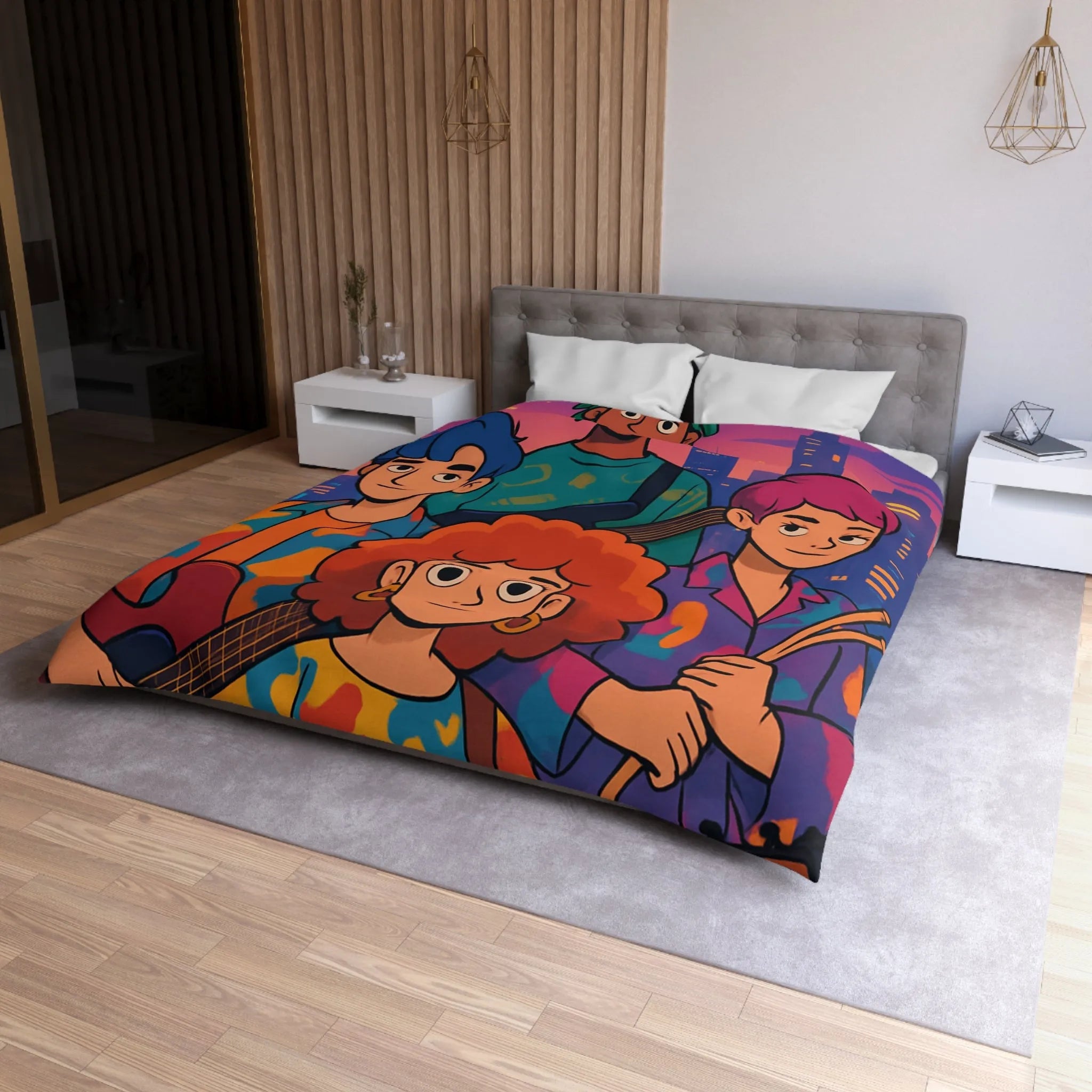 Housse de couette colorée avec groupe de musiciens devant un paysage urbain nocturne