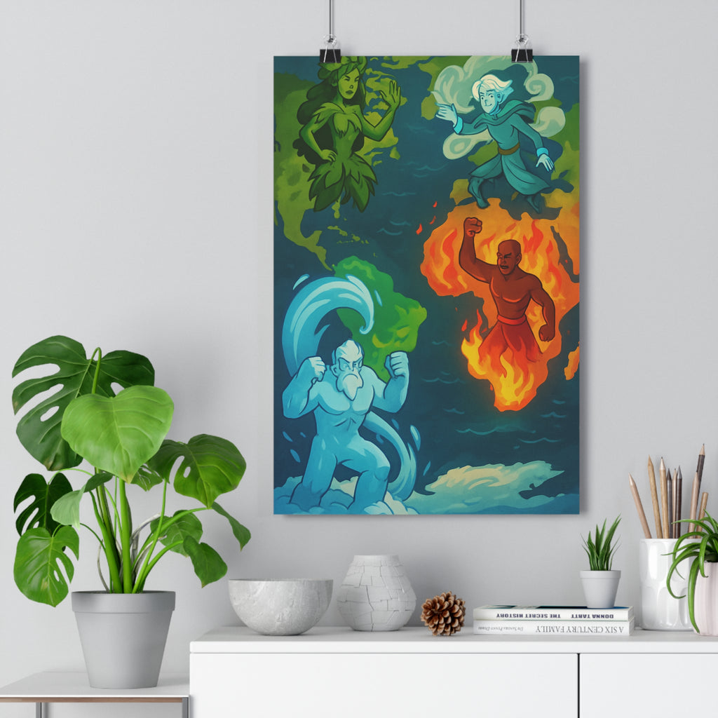 Poster décoratif carte monde cartoon épique vert bleu rouge terre air feu chambre bureau