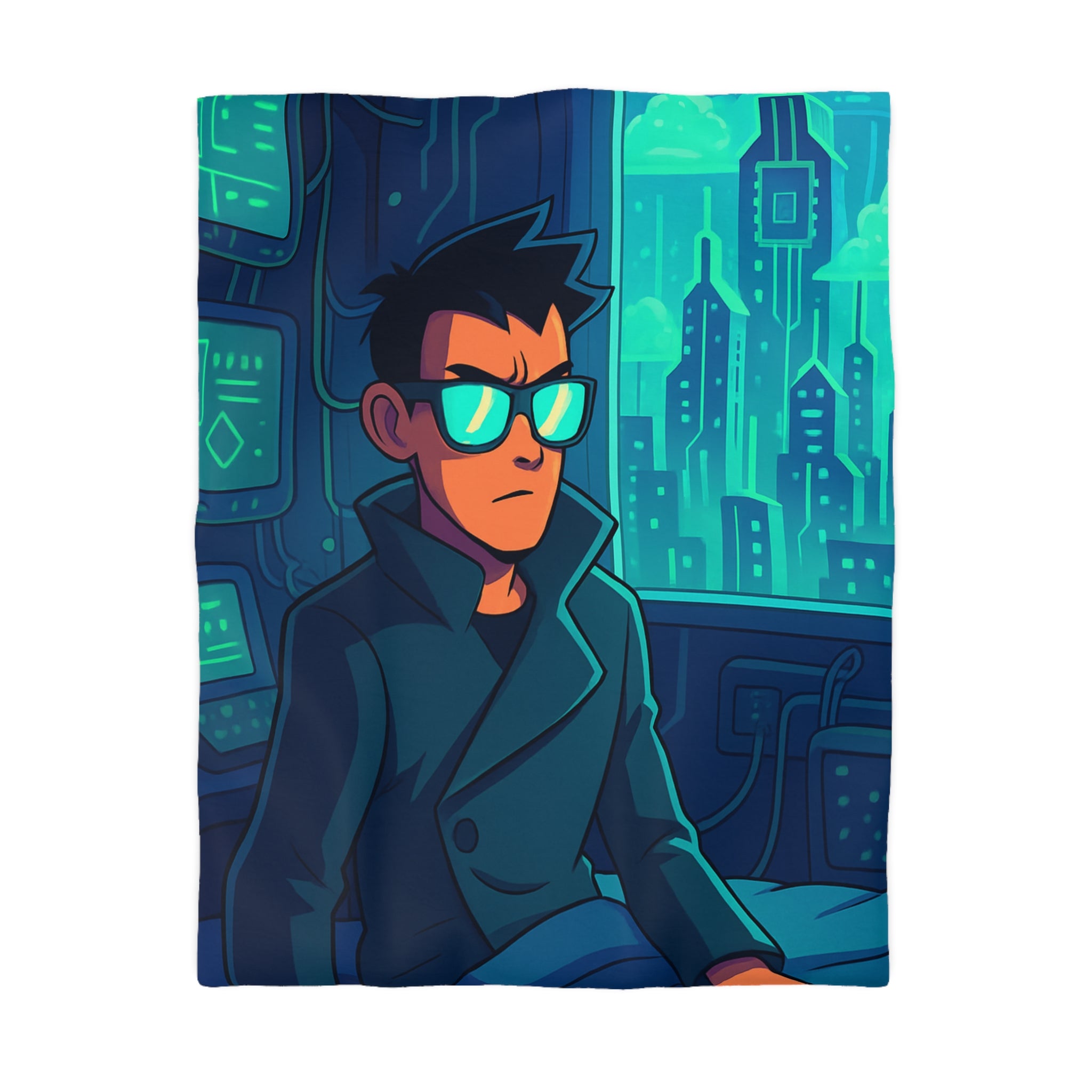 Housse de couette urbaine homme élégant en manteau dans appartement futuriste avec écran