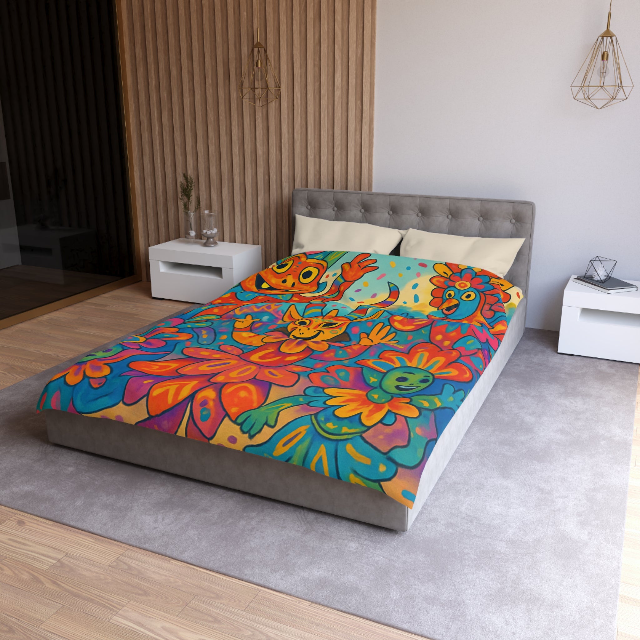 Housse de Couette Multicolore avec Motifs de Carnaval et Masques Fantaisistes Féeriques
