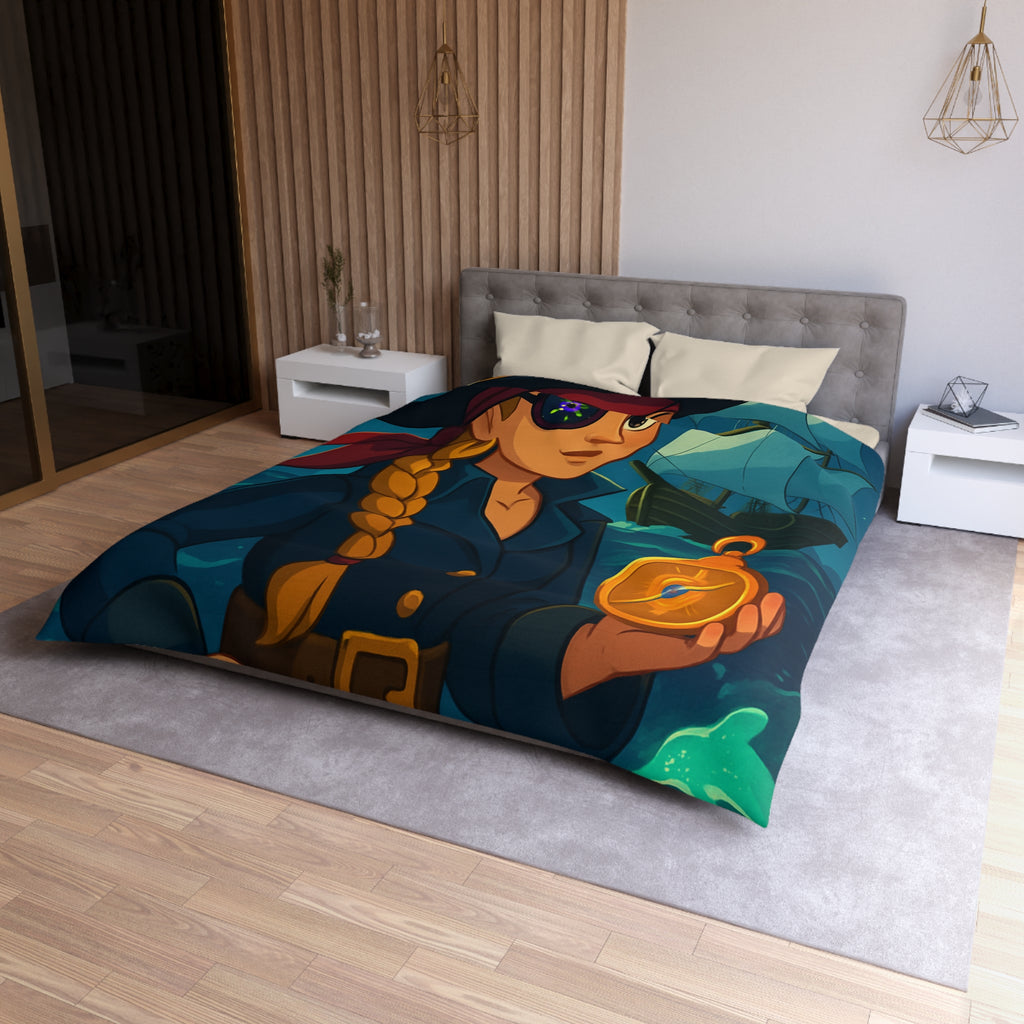 Housse de couette pirate colorée avec femme audacieuse, boussole et bateau illuminé