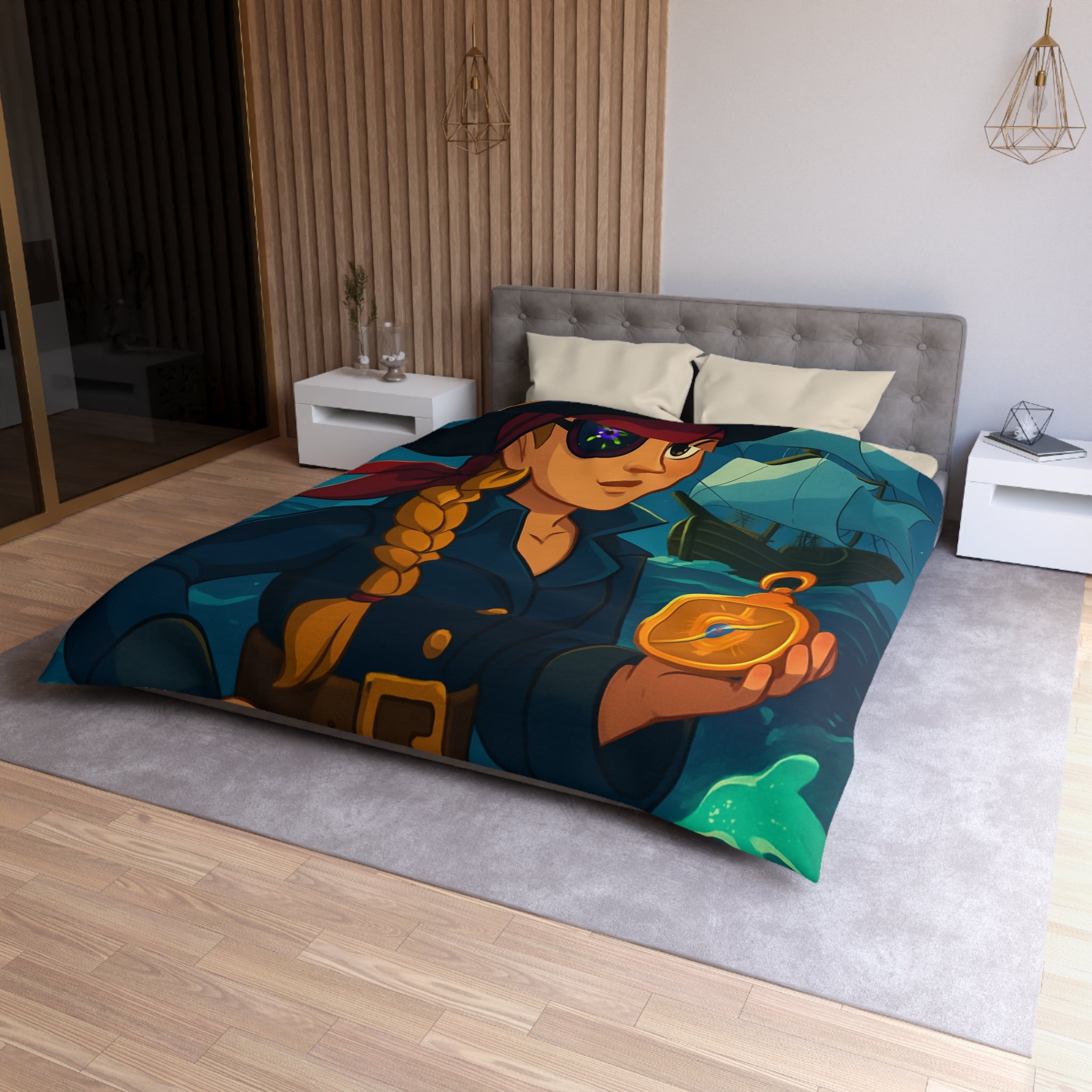 Housse de couette pirate colorée avec femme audacieuse, boussole et bateau illuminé