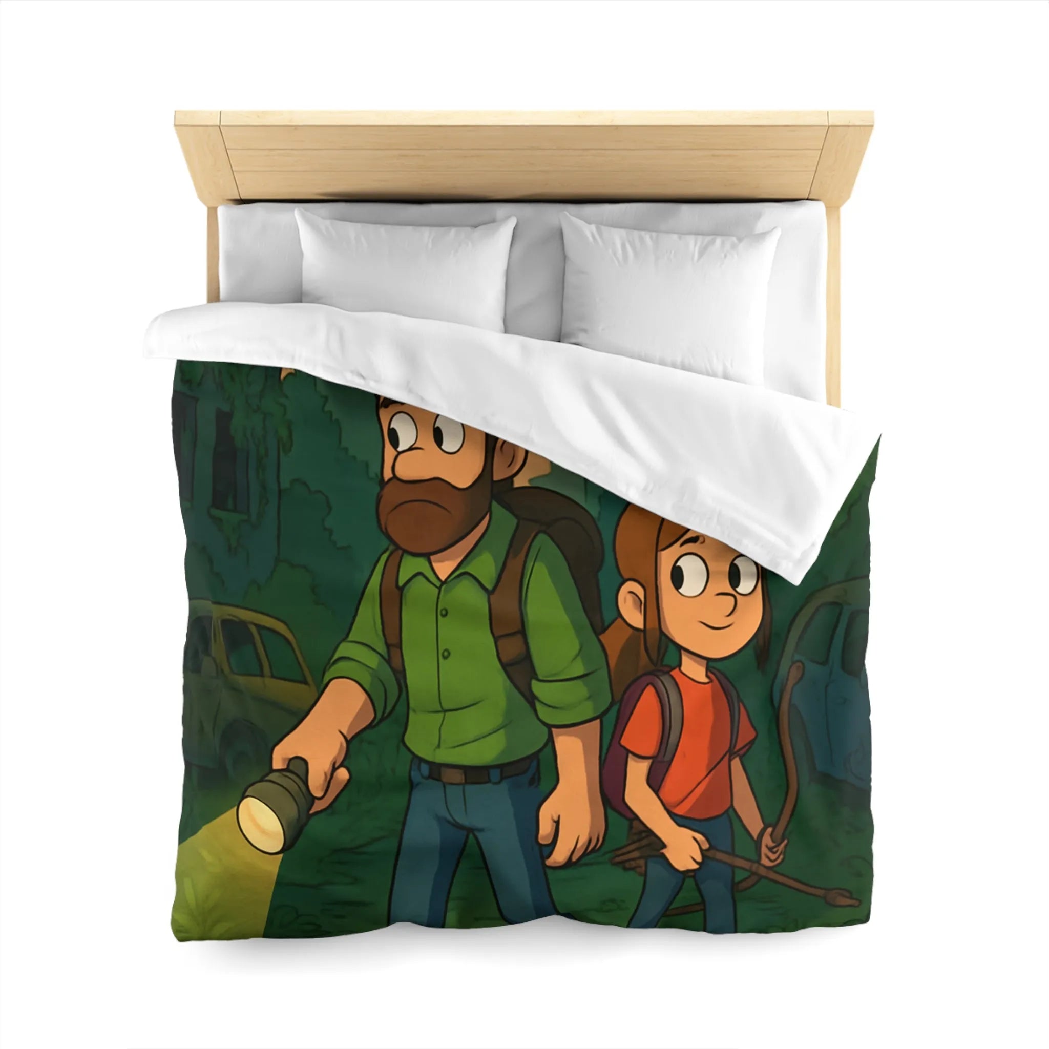 Housse de couette aventure urbaine avec personnages explorant une ville abandonnée la nuit