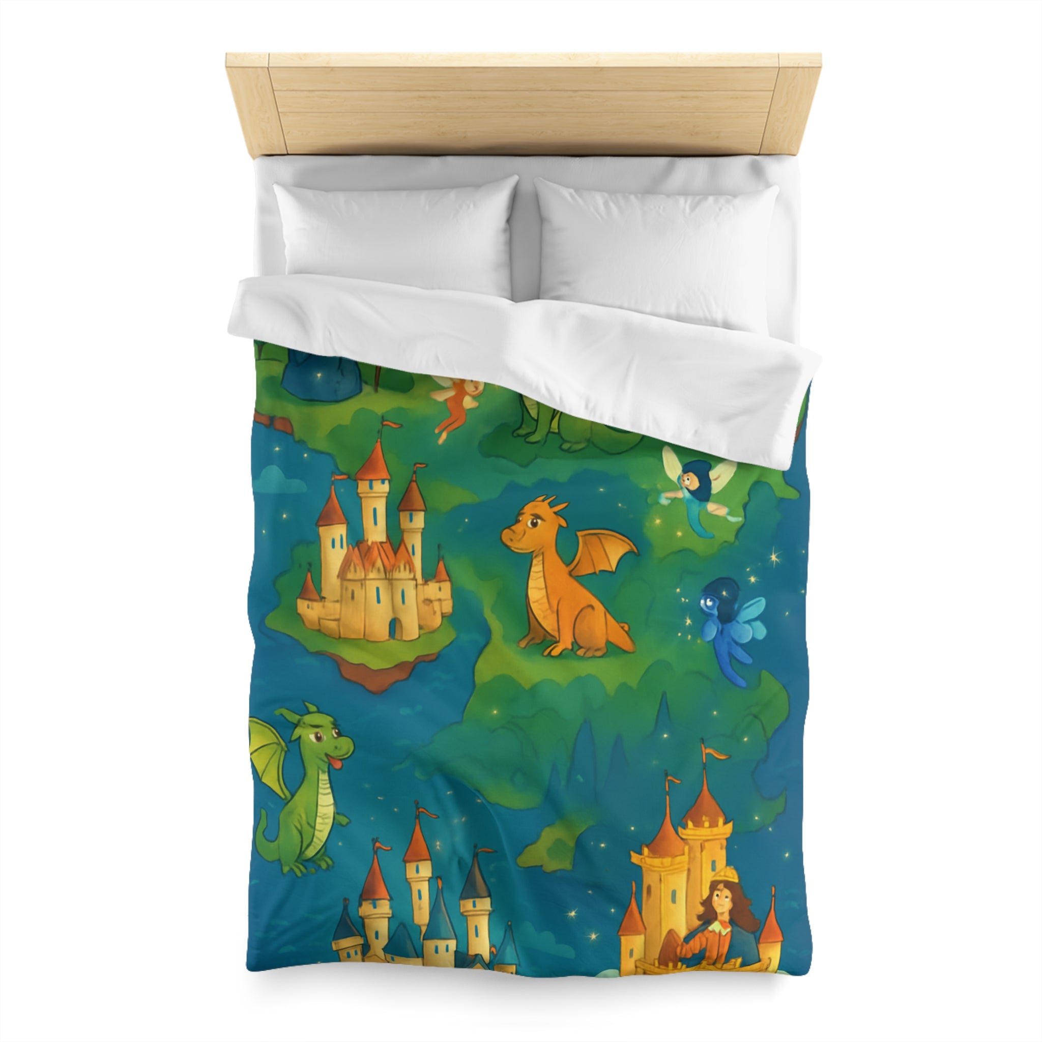Housse de couette thématique féerique avec dragons, châteaux et un sorcier rêveur