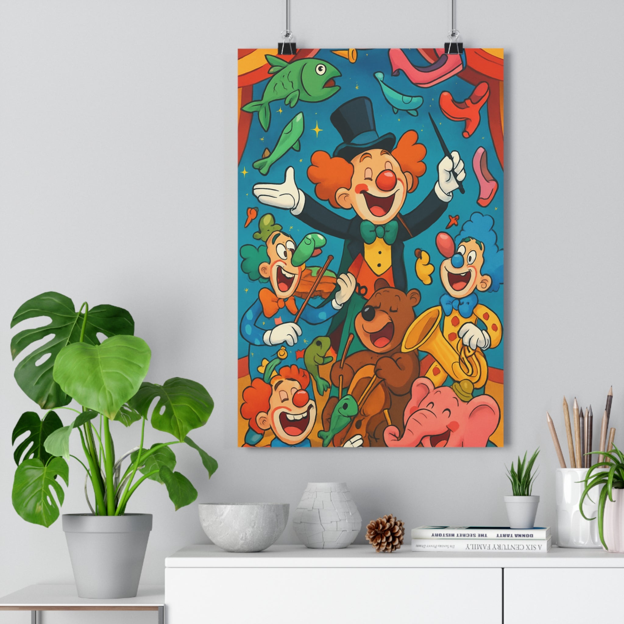 Poster décoratif cartoon joyeux coloré rouge bleu vert enfant chambre amusant animaux clowns éléphant