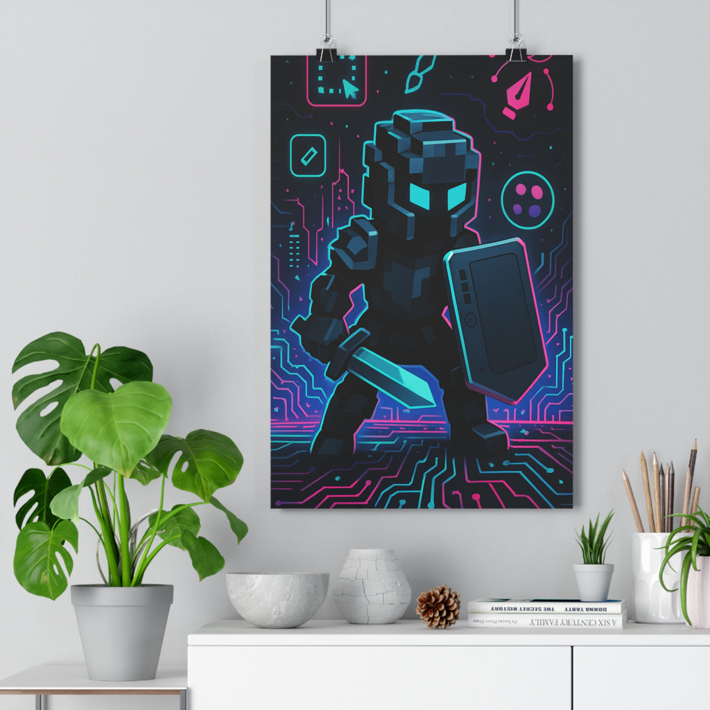 Poster décoratif guerrier pixelisé néon bleu rose cyber moderne chambre bureau geek 30x46 cm