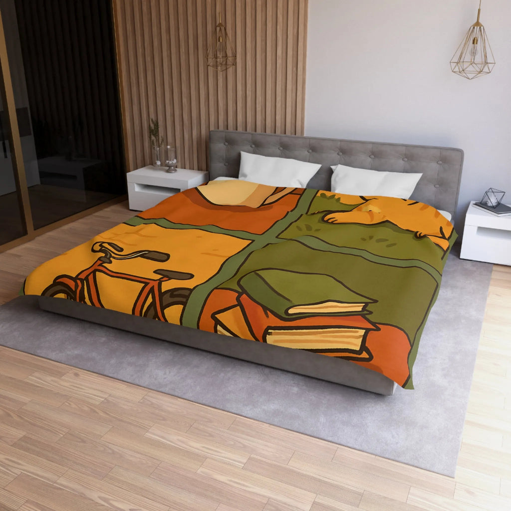 Housse de Couette Décontractée avec Chat Orange, Café, Vélo et Livres Colorés