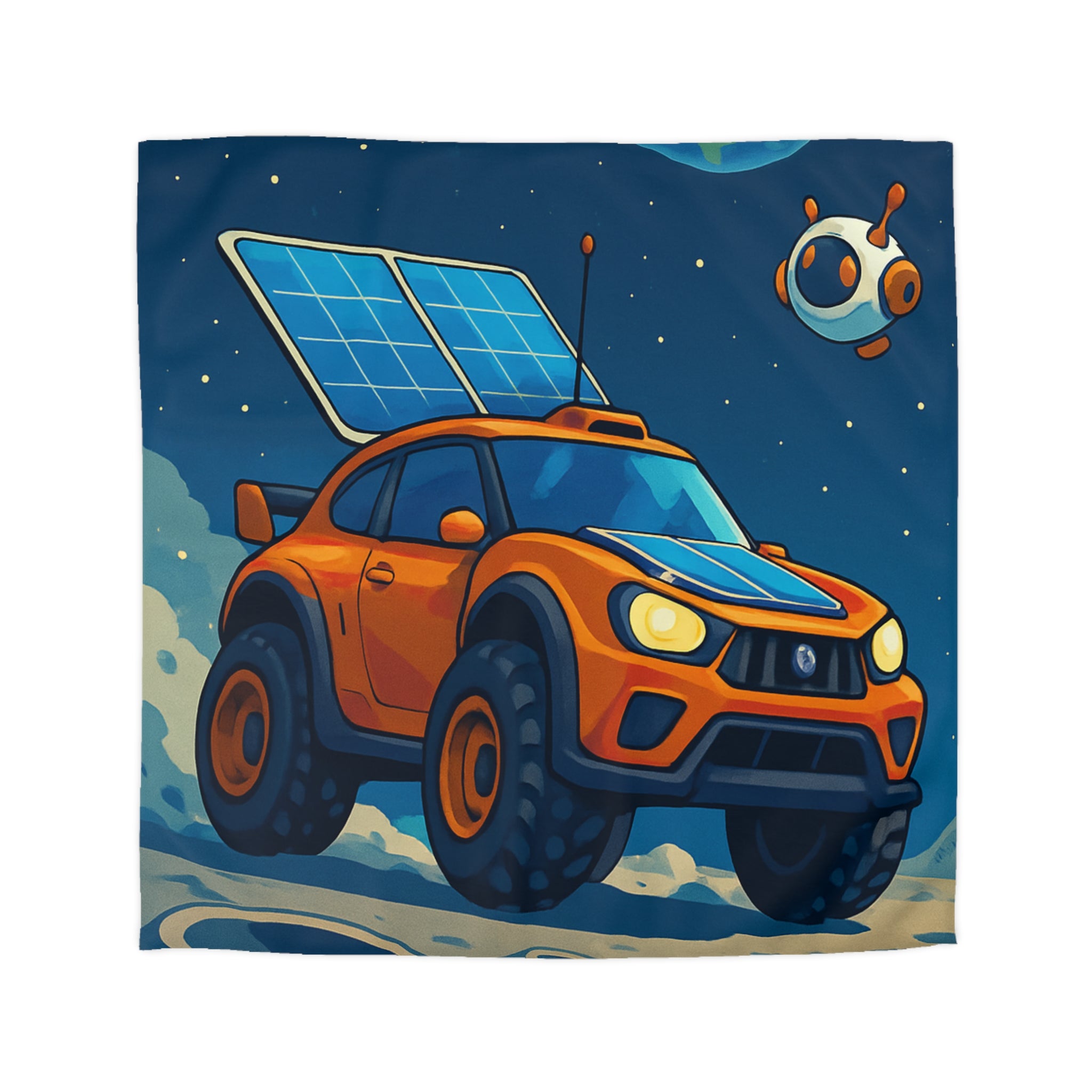 Housse de couette spatiale avec voiture orange et robots sur fond lunaire captivant