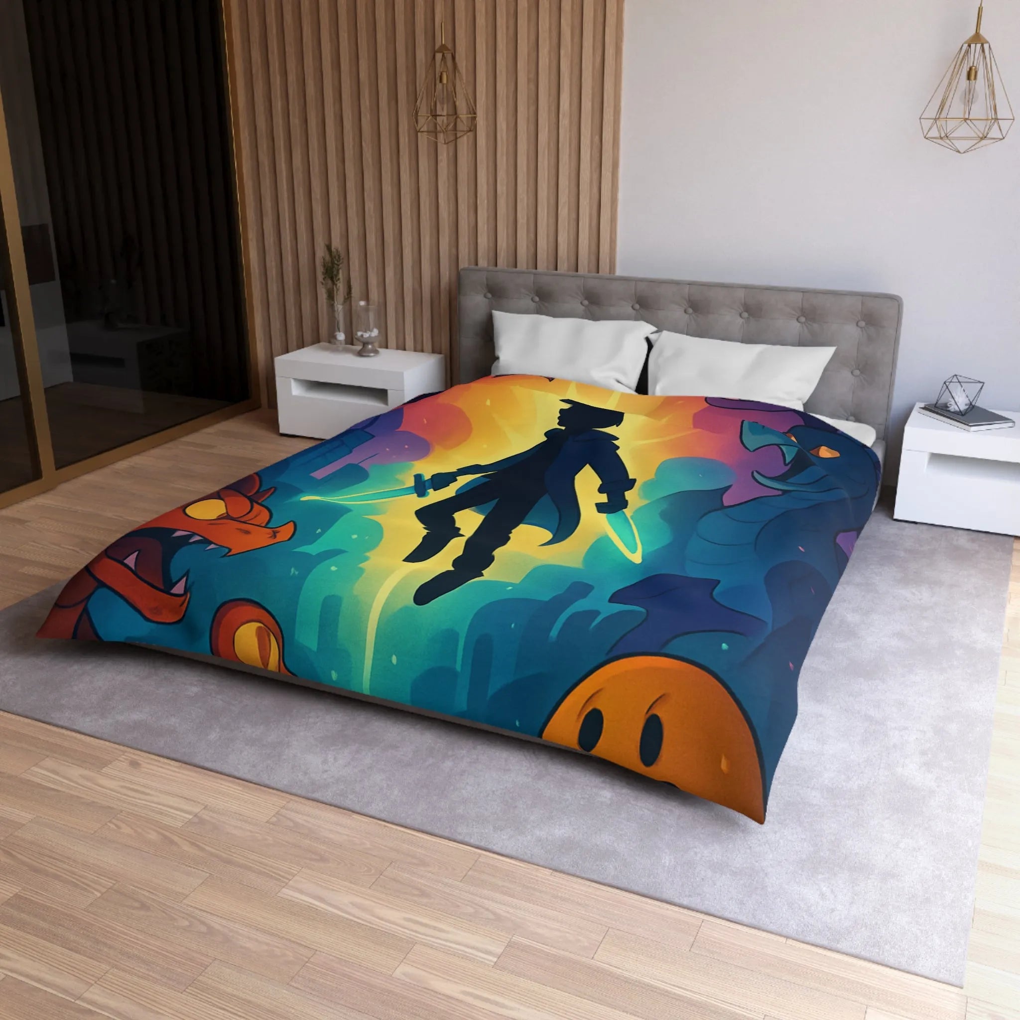 Housse de couette colorée avec créatures fantastiques, ambiance magique et design audacieux