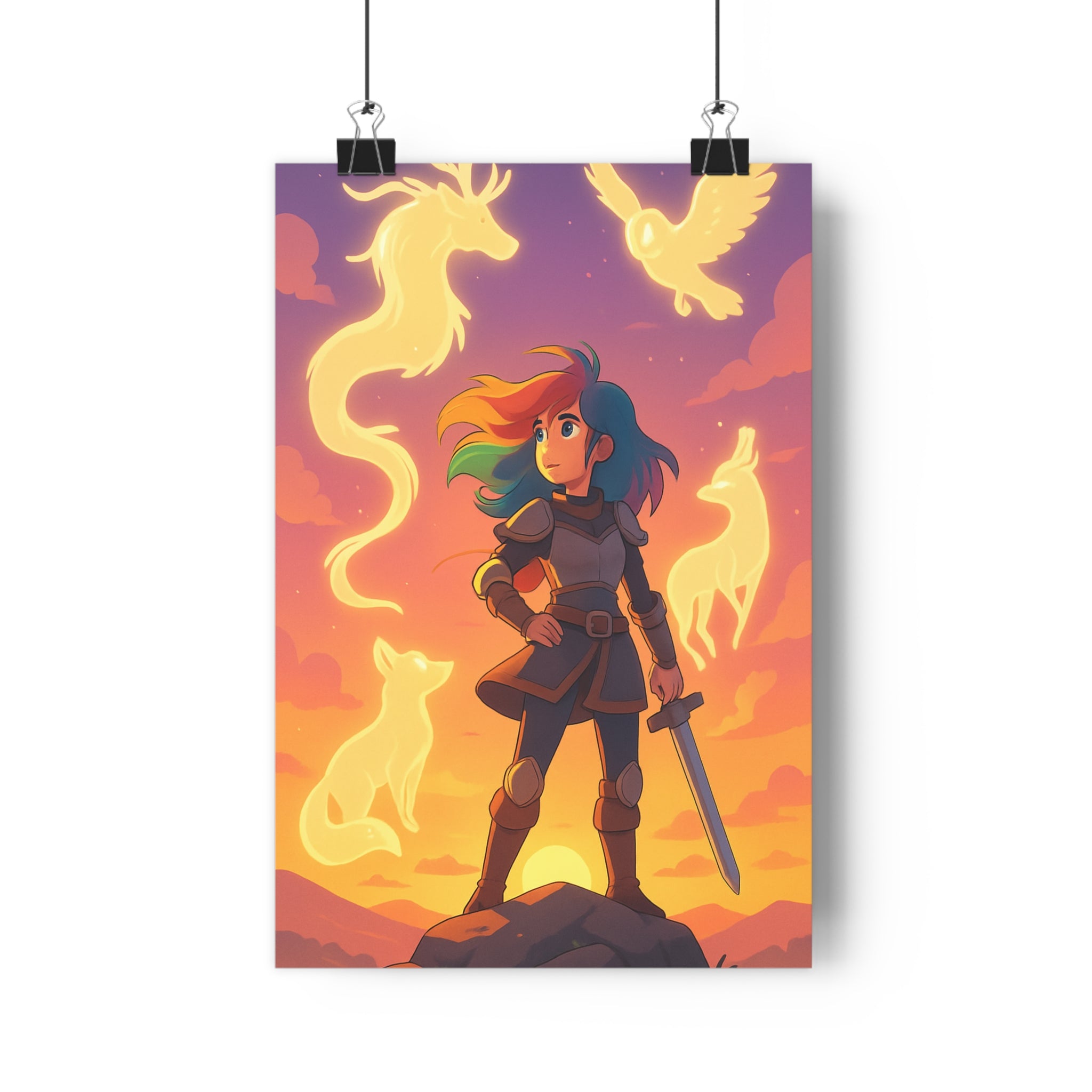 Poster décoratif armure épée coucher soleil violet orange aventurier mystique salon chambre artistique unique