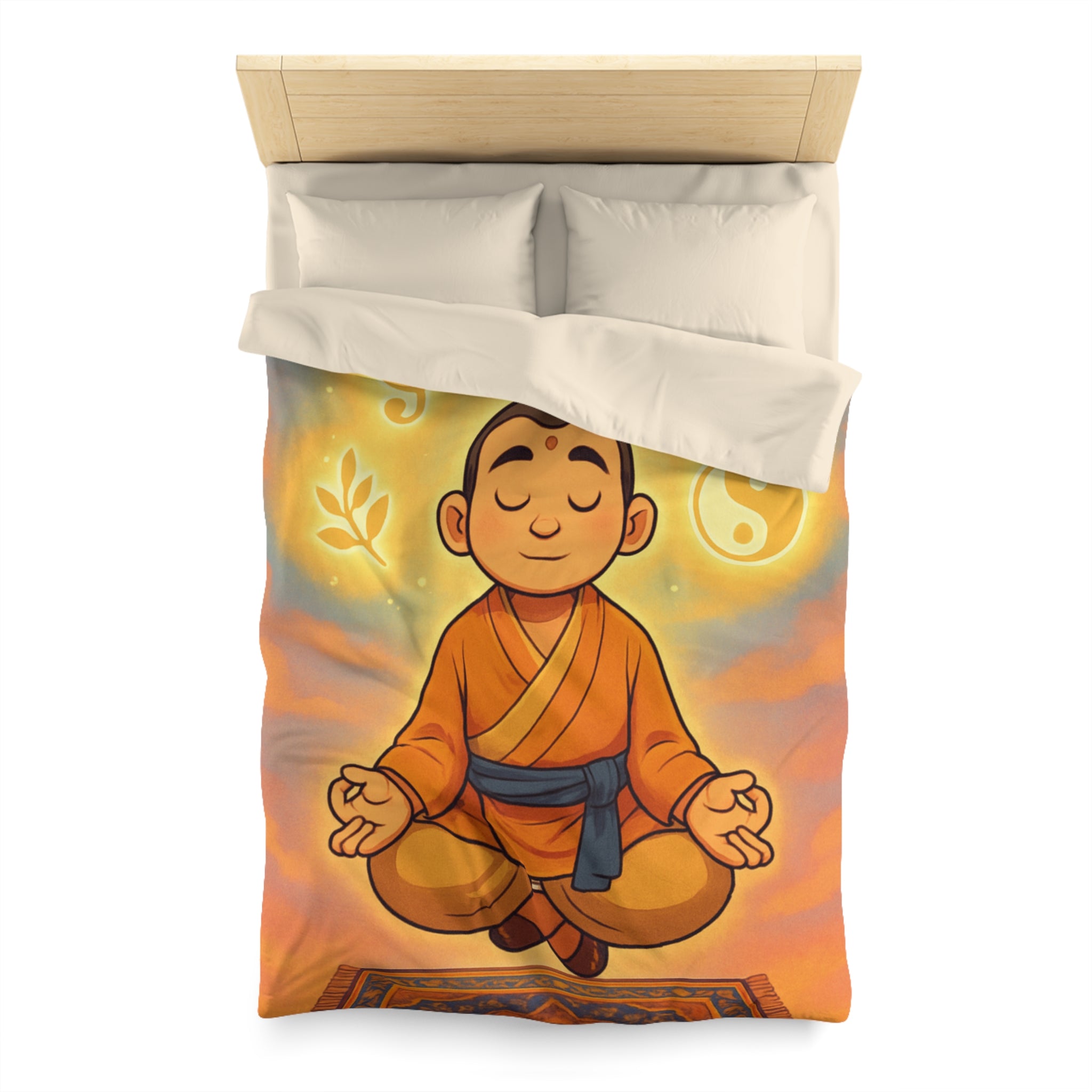 Housse de couette zen avec méditation, symboles spirituels, orange et bleu apaisant