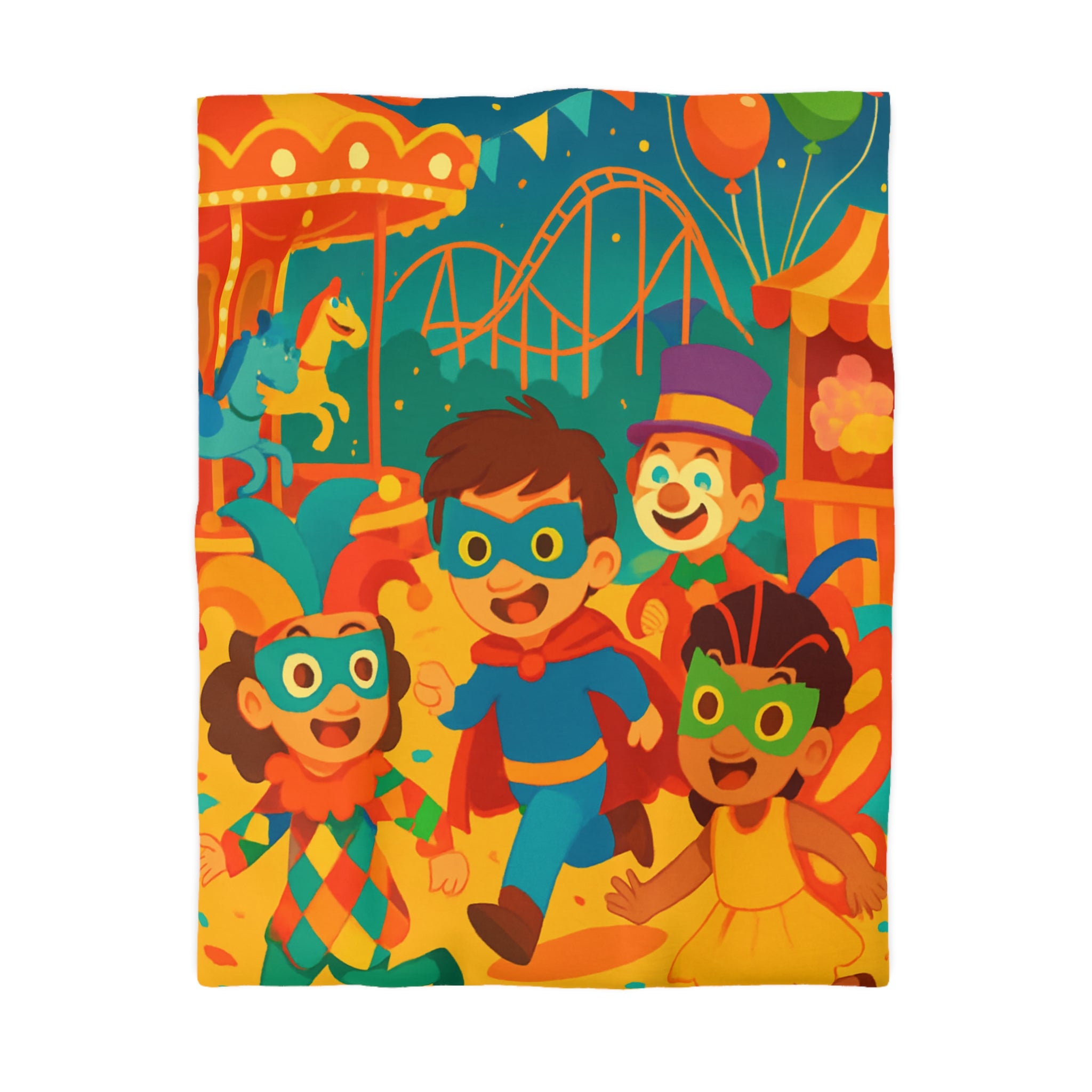 Joyeuse fête foraine avec enfants costumés courant joyeusement parmi attractions colorées nocturnes