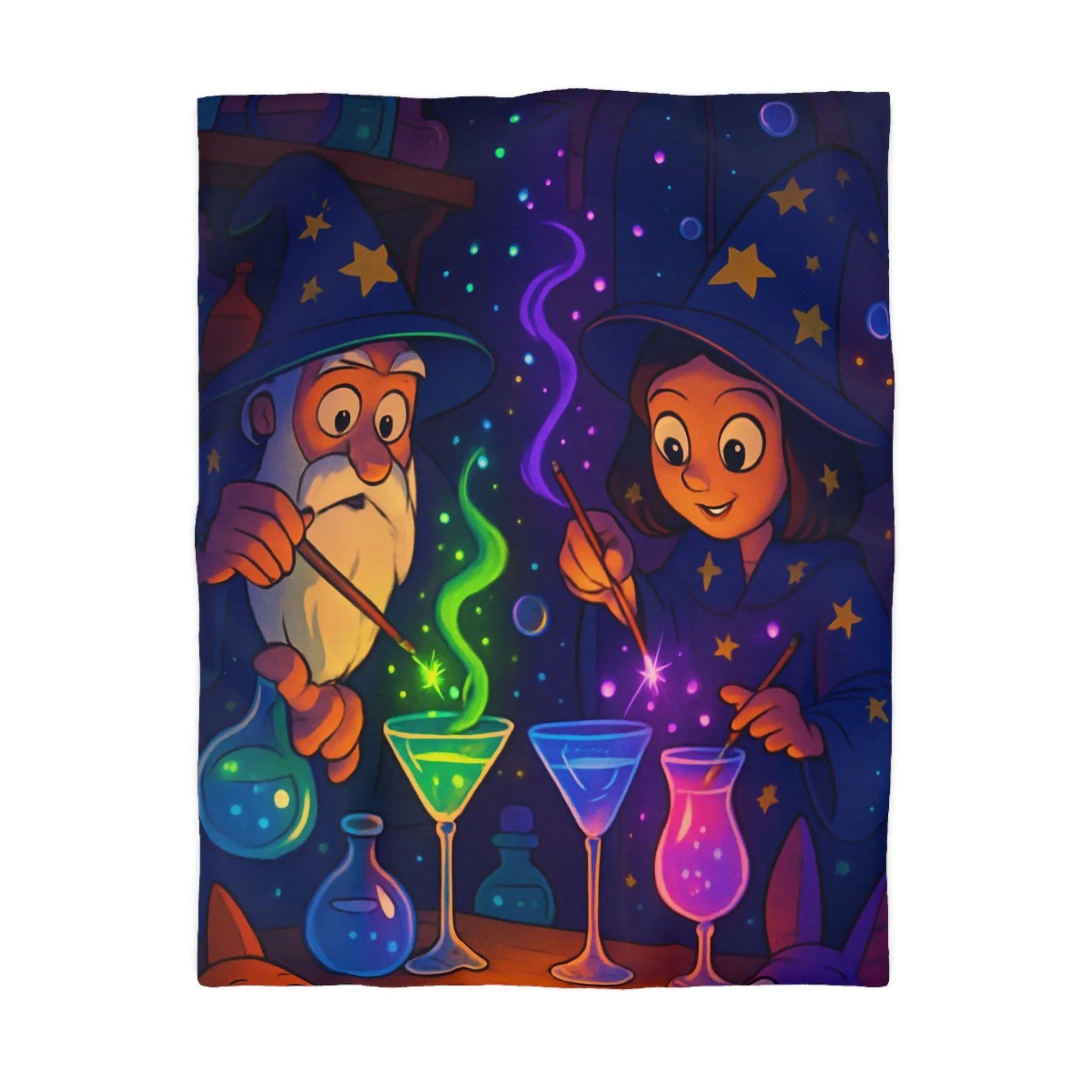 Housse de couette magique avec sorciers et potions dans un atelier enchanteur