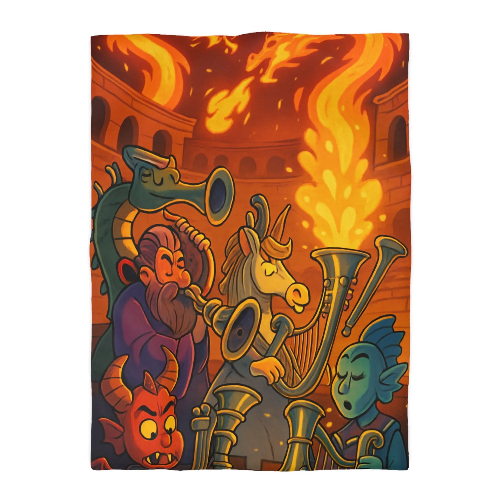 Housse de couette fantastique illustrée avec dragons, musiciens mythiques et couleurs flamboyantes