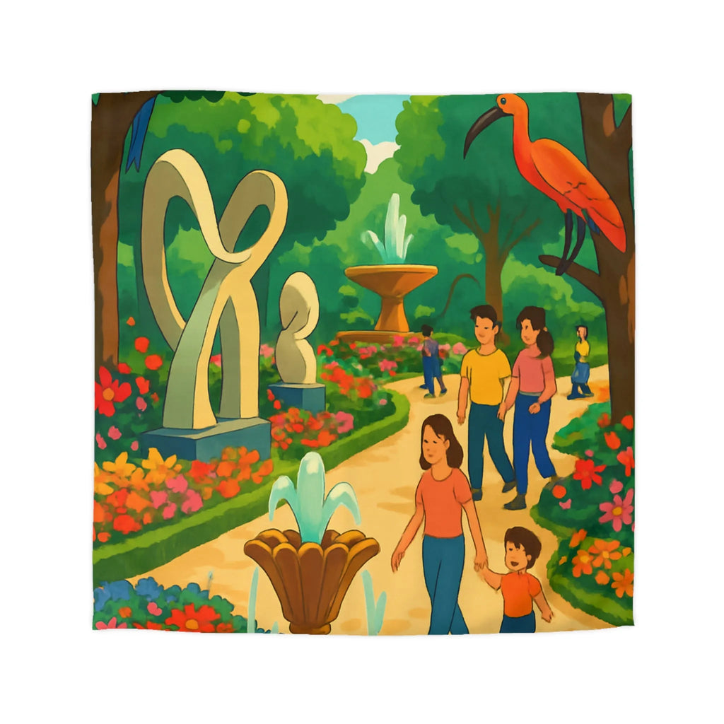 Housse de Couette Colorée Illustrant un Jardin avec Oiseaux et Familles en Promenade