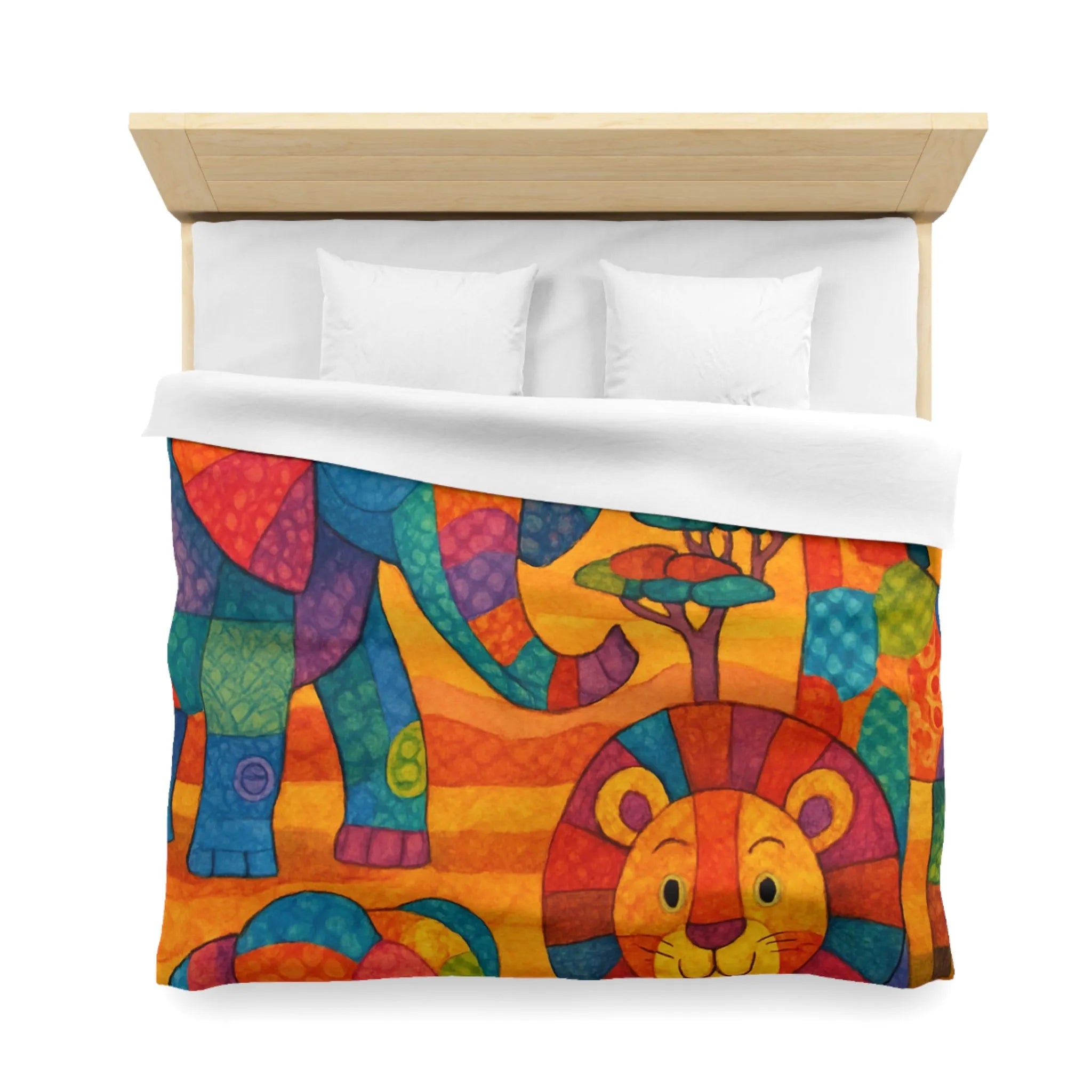 Housse de couette colorée avec éléphants, girafe et lion en style patchwork