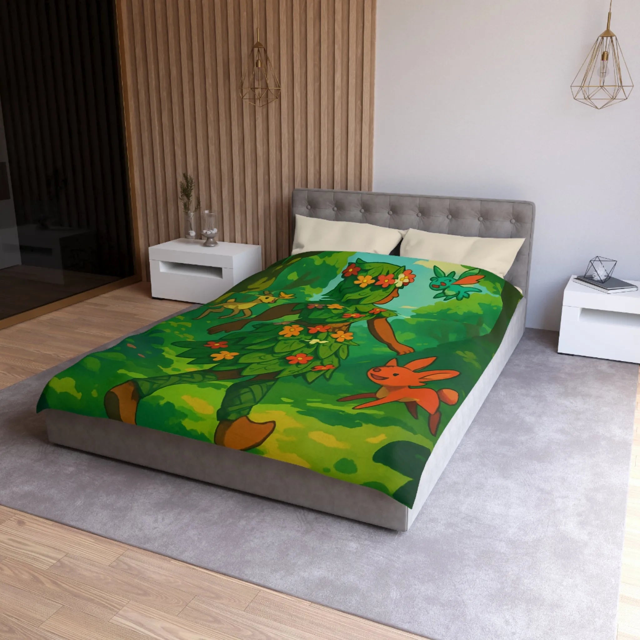 Housse de couette forêt enchantée avec créatures et personnage naturel aux couleurs vibrantes