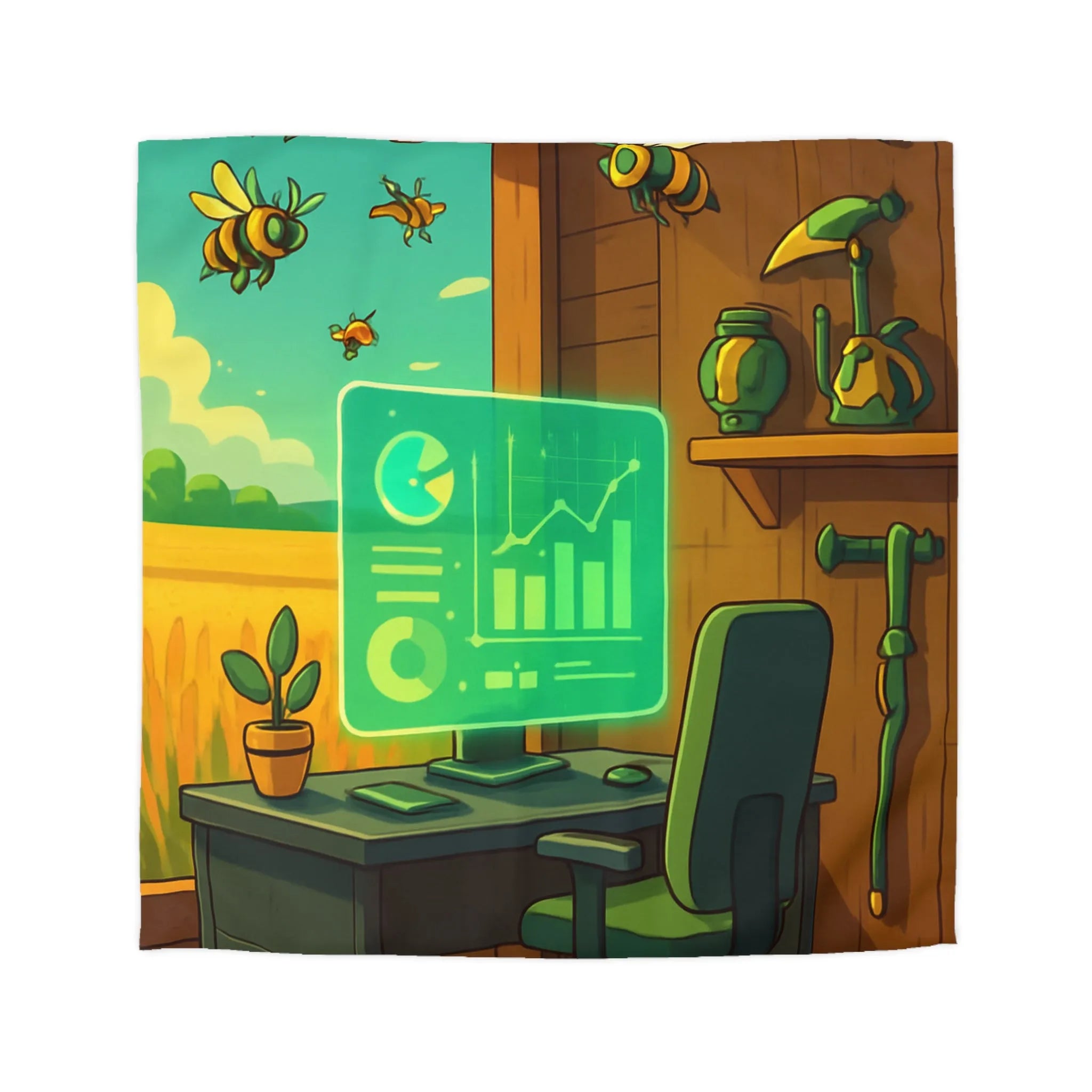 Housse de couette avec design moderne d'abeilles et station de travail futuriste