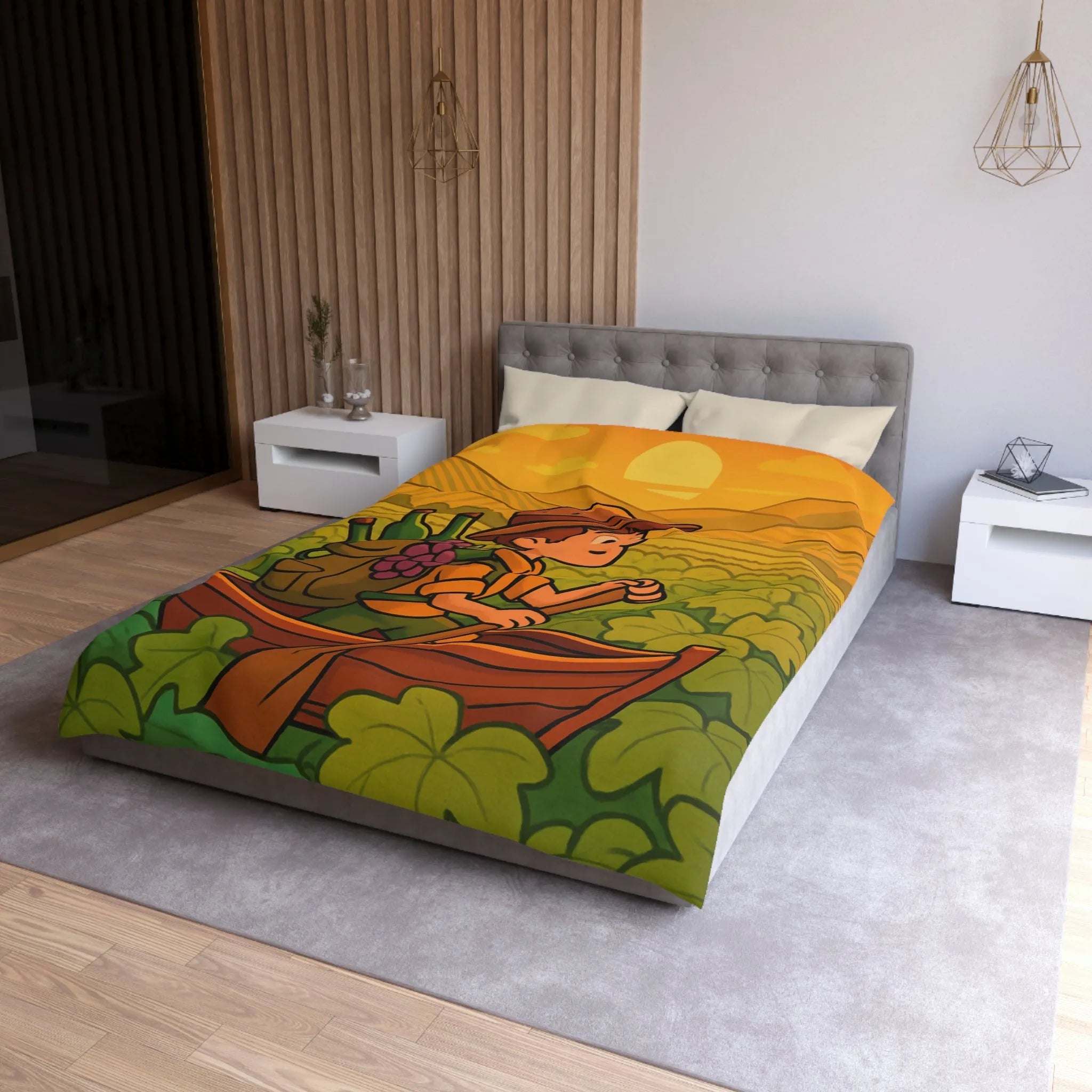 Housse de couette colorée avec paysage de vignoble et enfant en bateau