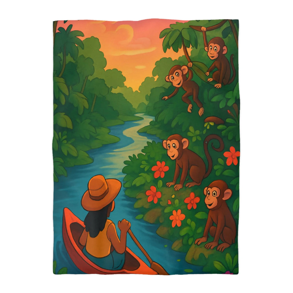 Housse de Couette Jungle avec Singes et Femme en Canot sur Rivière Tropicale