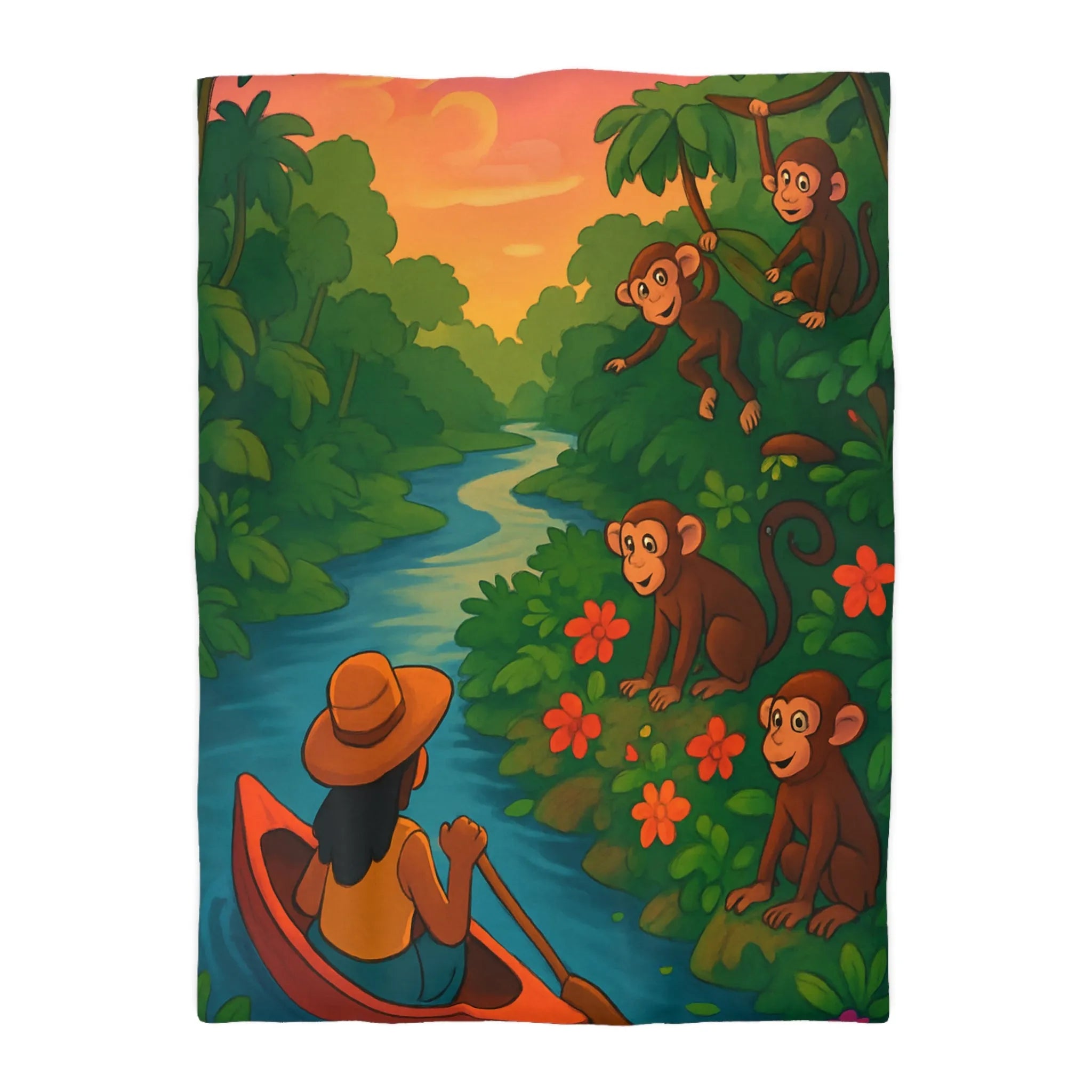 Housse de Couette Jungle avec Singes et Femme en Canot sur Rivière Tropicale